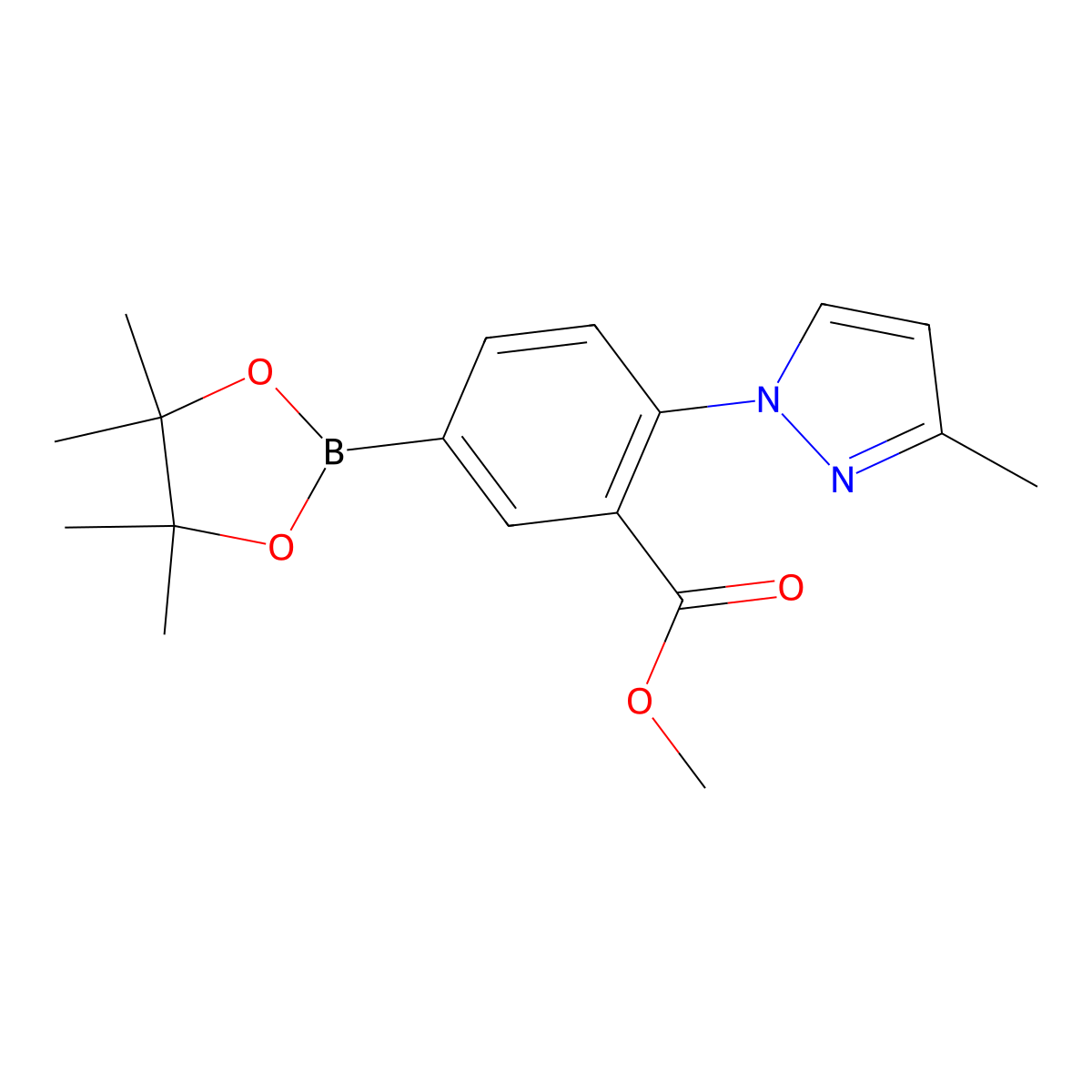 methyl 2-(3-methyl-1H-pyrazol-1-yl)-5-(4,4,5,5-tetramethyl-1,3,2-dioxaborolan-2-yl)benzoate molecular structure, CAS 2256756-02-0