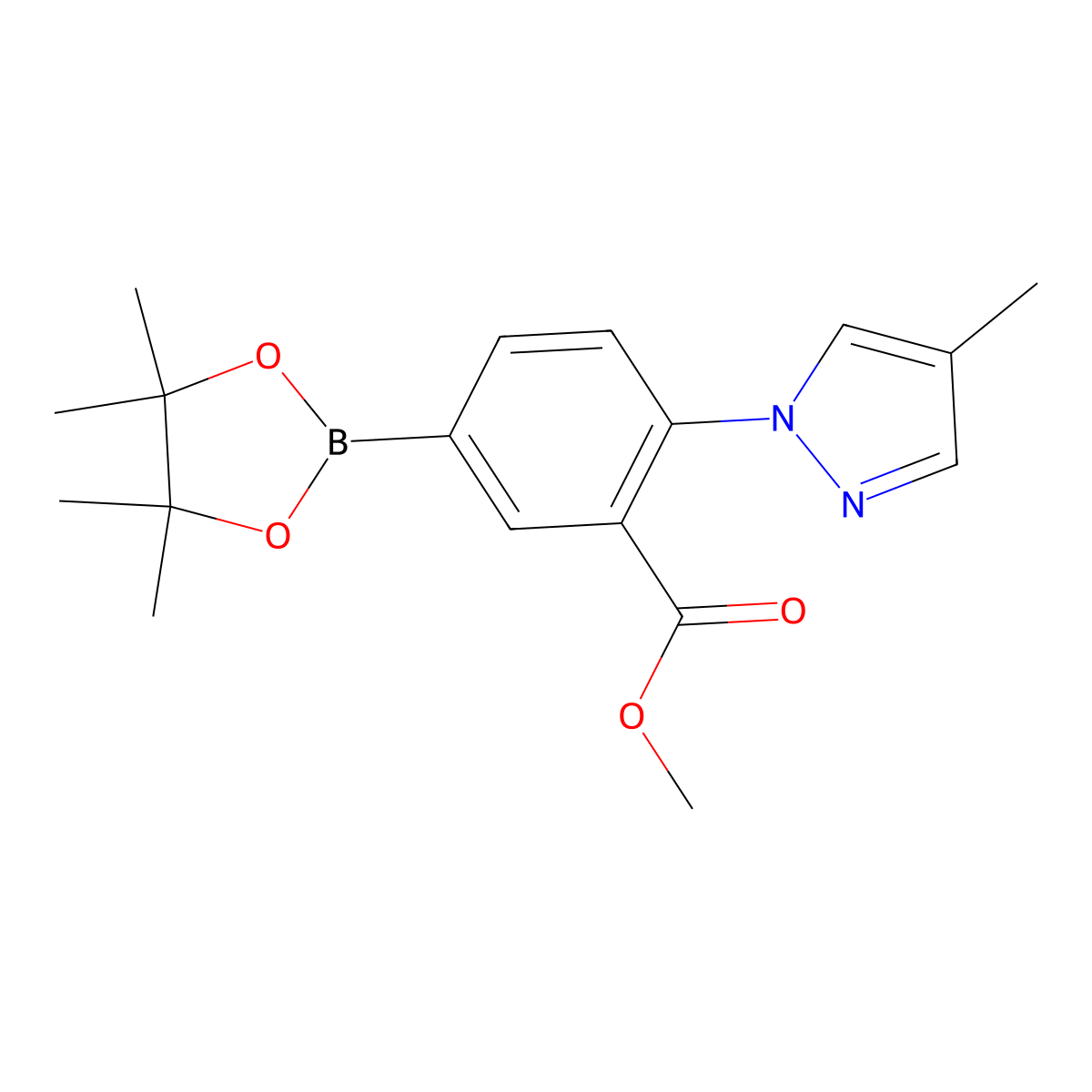methyl 2-(4-methyl-1H-pyrazol-1-yl)-5-(4,4,5,5-tetramethyl-1,3,2-dioxaborolan-2-yl)benzoate molecular structure, CAS 2256756-03-1