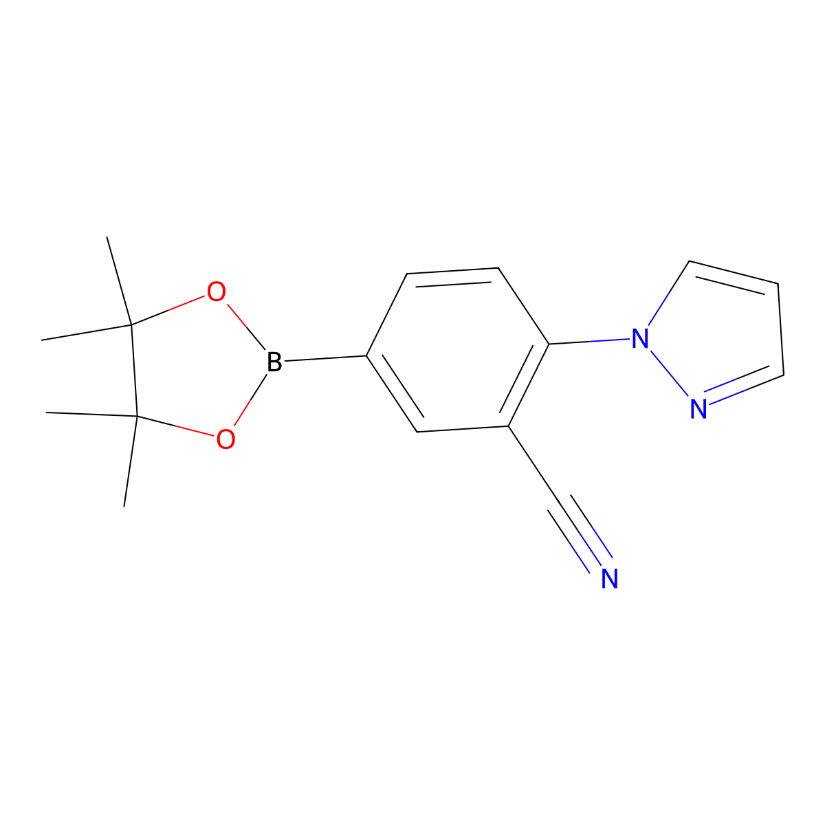 2-(1H-pyrazol-1-yl)-5-(4,4,5,5-tetramethyl-1,3,2-dioxaborolan-2-yl)benzonitrile molecular structure, CAS 2256756-16-6