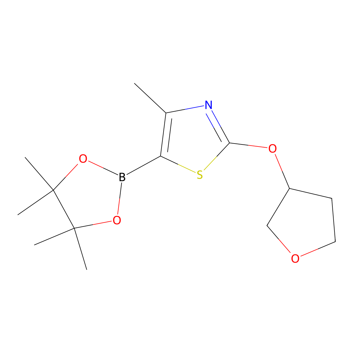 4-Methyl-2-((tetrahydrofuran-3-yl)oxy)-5-(4,4,5,5-tetramethyl-1,3,2-dioxaborolan-2-yl)thiazole molecular structure, CAS 2256758-16-2