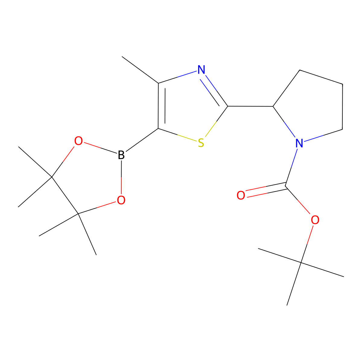 Tert-butyl 2-(4-methyl-5-(4,4,5,5-tetramethyl-1,3,2-dioxaborolan-2-yl)thiazol-2-yl)pyrrolidine-1-carboxylate molecular structure, CAS 2256758-23-1