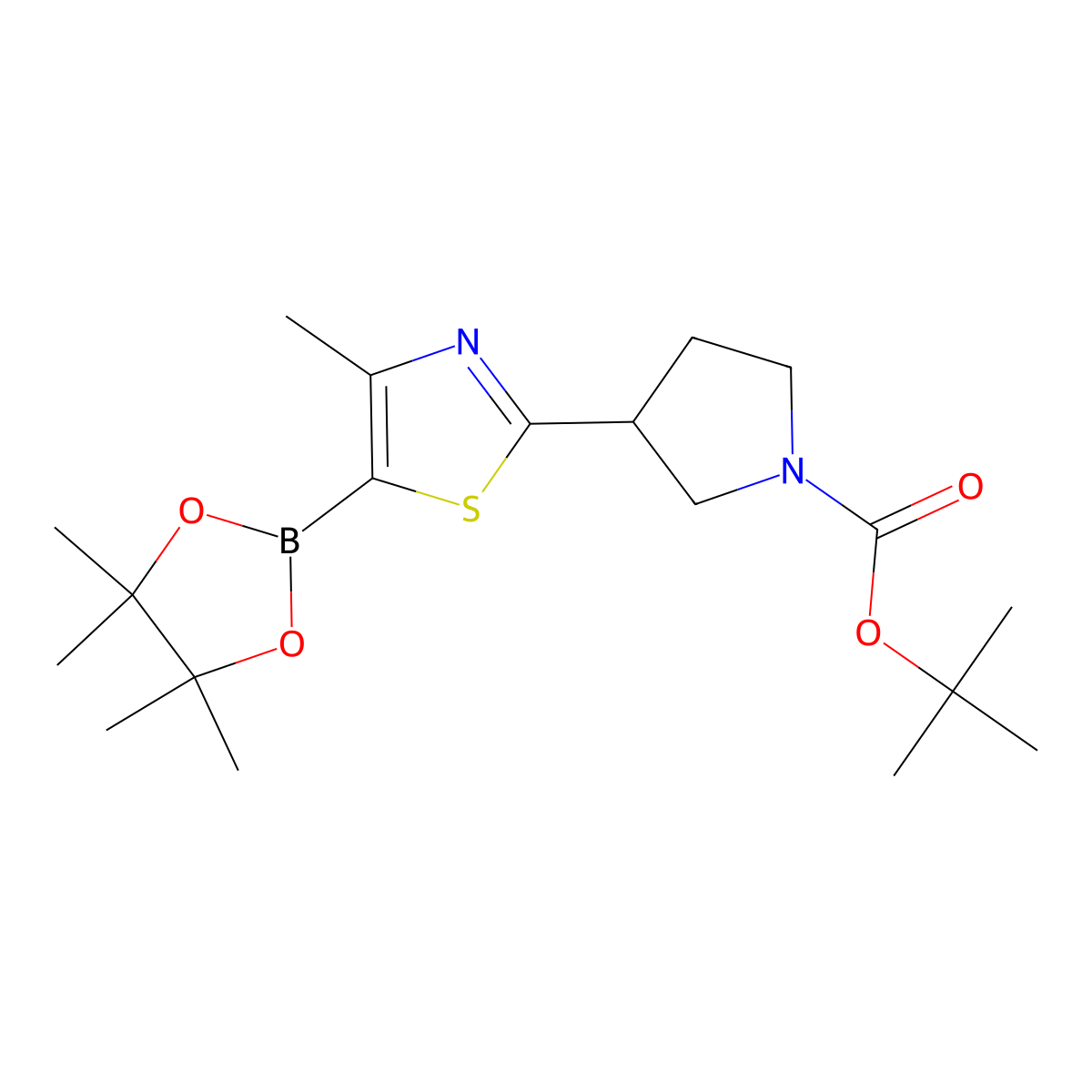 Tert-butyl 3-(4-methyl-5-(4,4,5,5-tetramethyl-1,3,2-dioxaborolan-2-yl)thiazol-2-yl)pyrrolidine-1-carboxylate molecular structure, CAS 2256758-24-2