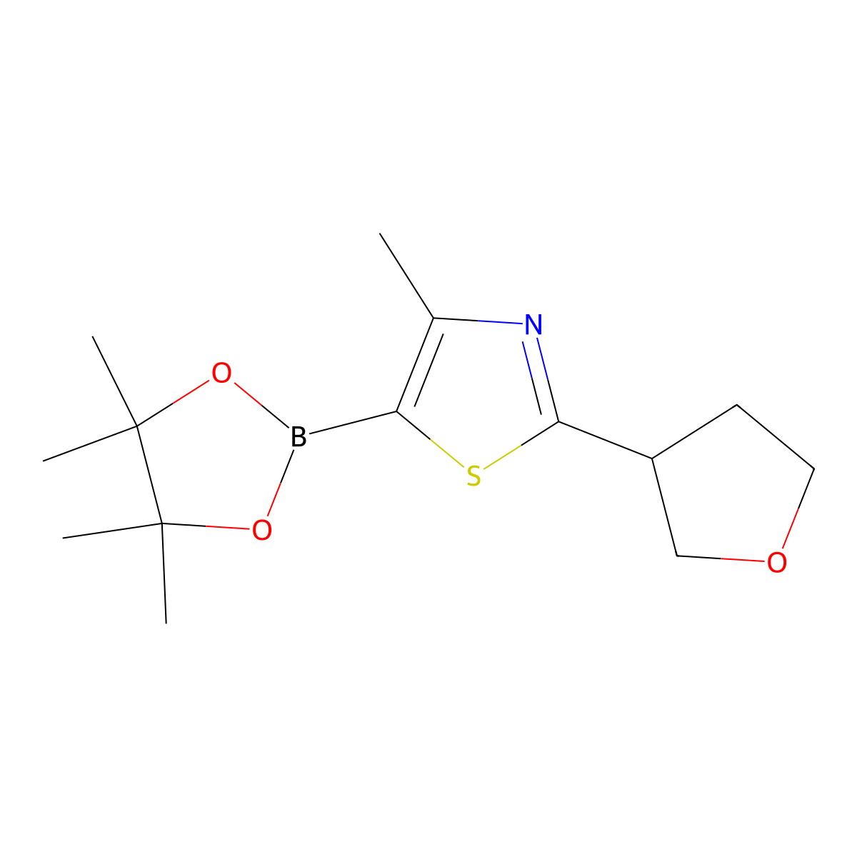 4-Methyl-2-(tetrahydrofuran-3-yl)-5-(4,4,5,5-tetramethyl-1,3,2-dioxaborolan-2-yl)thiazole molecular structure, CAS 2256758-25-3