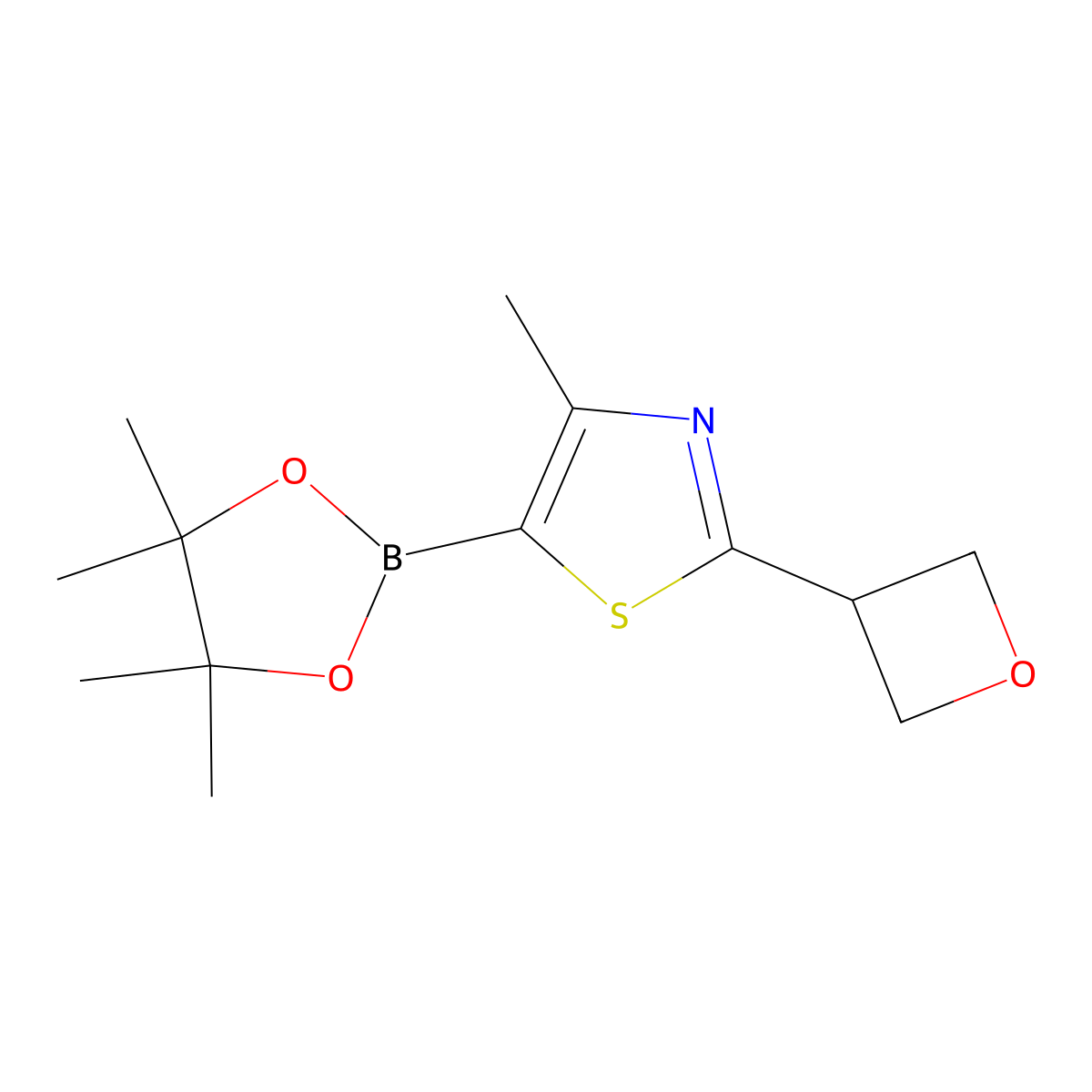 4-Methyl-2-(oxetan-3-yl)-5-(4,4,5,5-tetramethyl-1,3,2-dioxaborolan-2-yl)thiazole molecular structure, CAS 2256758-29-7