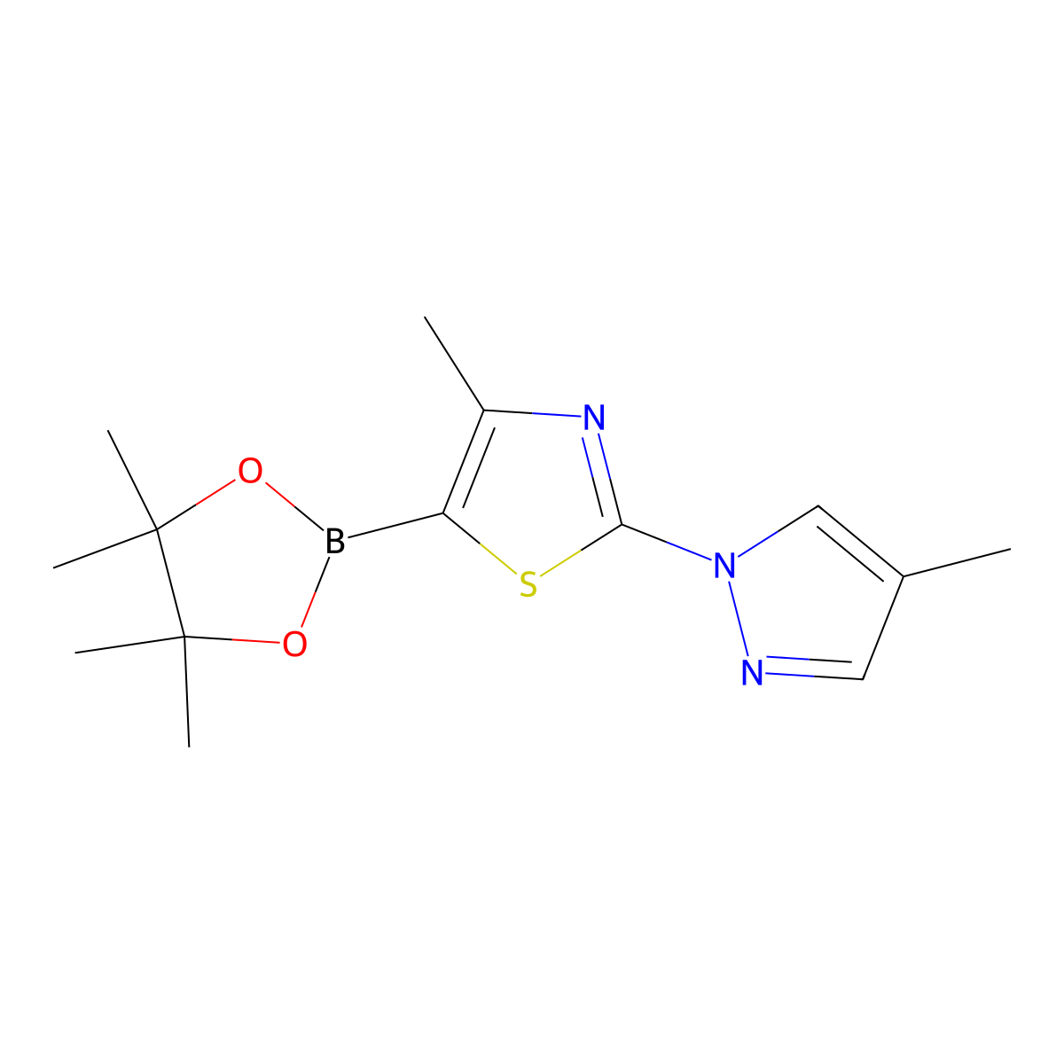 4-methyl-2-(4-methyl-1H-pyrazol-1-yl)-5-(4,4,5,5-tetramethyl-1,3,2-dioxaborolan-2-yl)thiazole molecular structure, CAS 2256758-30-0