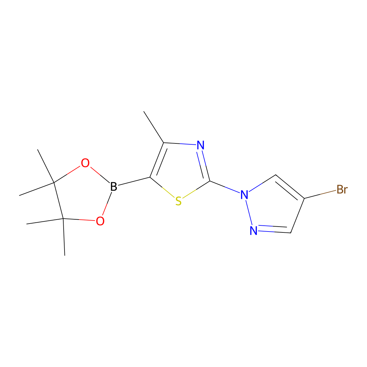 2-(4-bromo-1H-pyrazol-1-yl)-4-methyl-5-(4,4,5,5-tetramethyl-1,3,2-dioxaborolan-2-yl)thiazole molecular structure, CAS 2256758-31-1