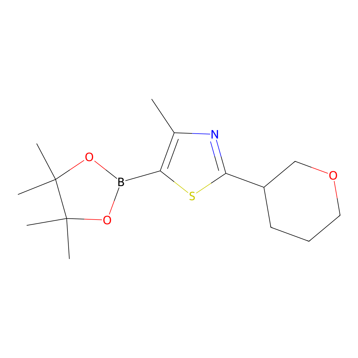 4-methyl-2-(tetrahydro-2H-pyran-3-yl)-5-(4,4,5,5-tetramethyl-1,3,2-dioxaborolan-2-yl)thiazole molecular structure, CAS 2256758-34-4