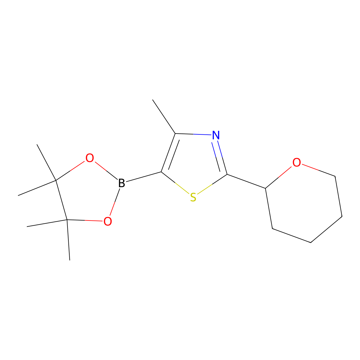 4-methyl-2-(tetrahydro-2H-pyran-2-yl)-5-(4,4,5,5-tetramethyl-1,3,2-dioxaborolan-2-yl)thiazole molecular structure, CAS 2256758-35-5