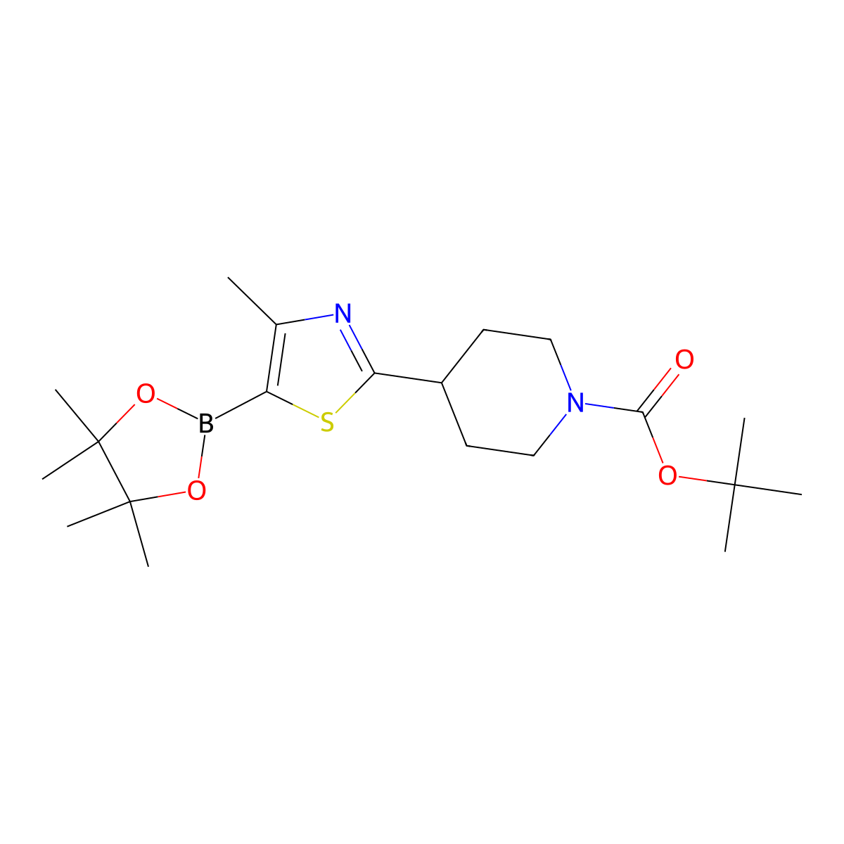 Tert-butyl 4-(4-methyl-5-(4,4,5,5-tetramethyl-1,3,2-dioxaborolan-2-yl)thiazol-2-yl)piperidine-1-carboxylate molecular structure, CAS 2256758-36-6