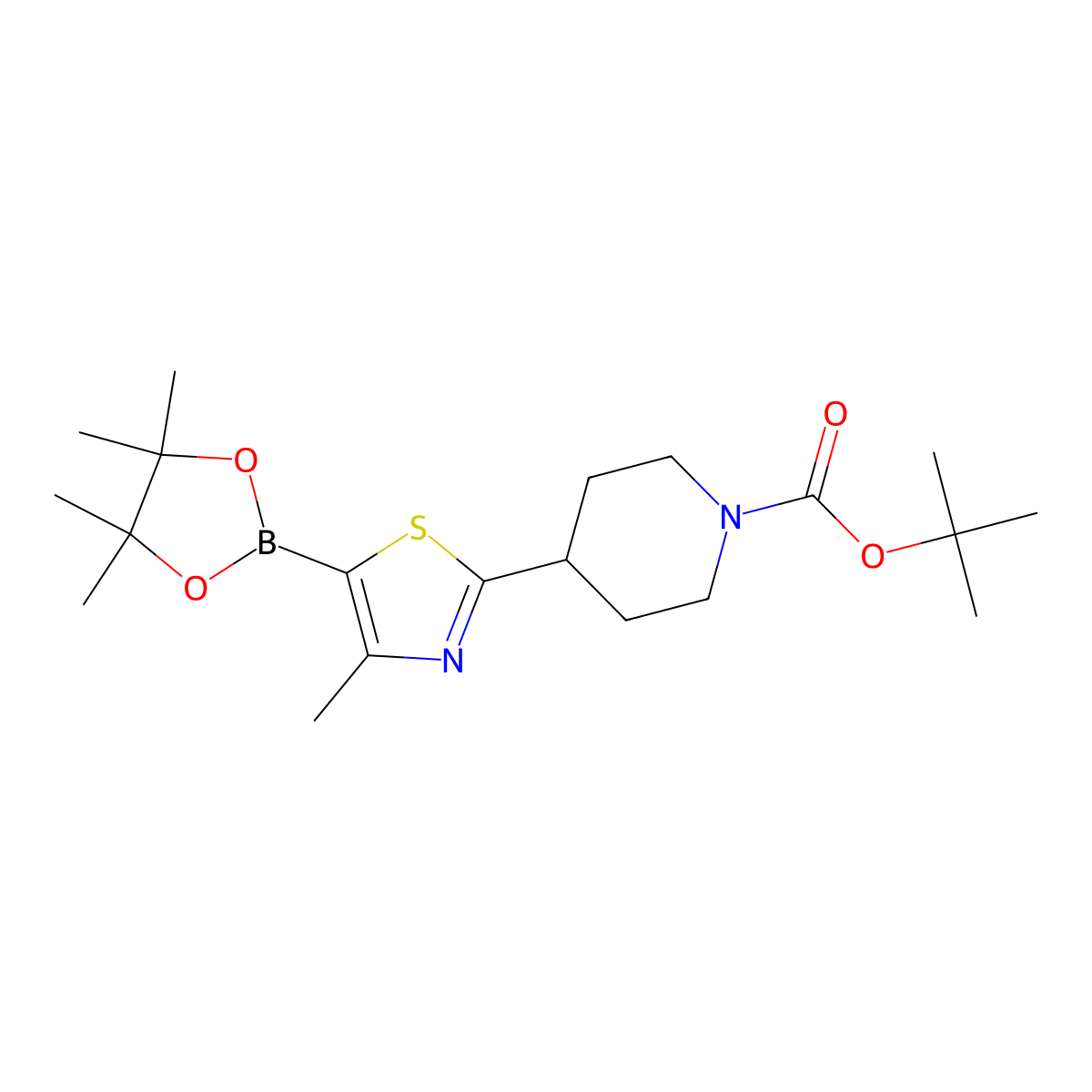 Tert-butyl 4-(4-methyl-5-(4,4,5,5-tetramethyl-1,3,2-dioxaborolan-2-yl)thiazol-2-yl)piperidine-1-carboxylate molecular structure, CAS 2256758-36-6