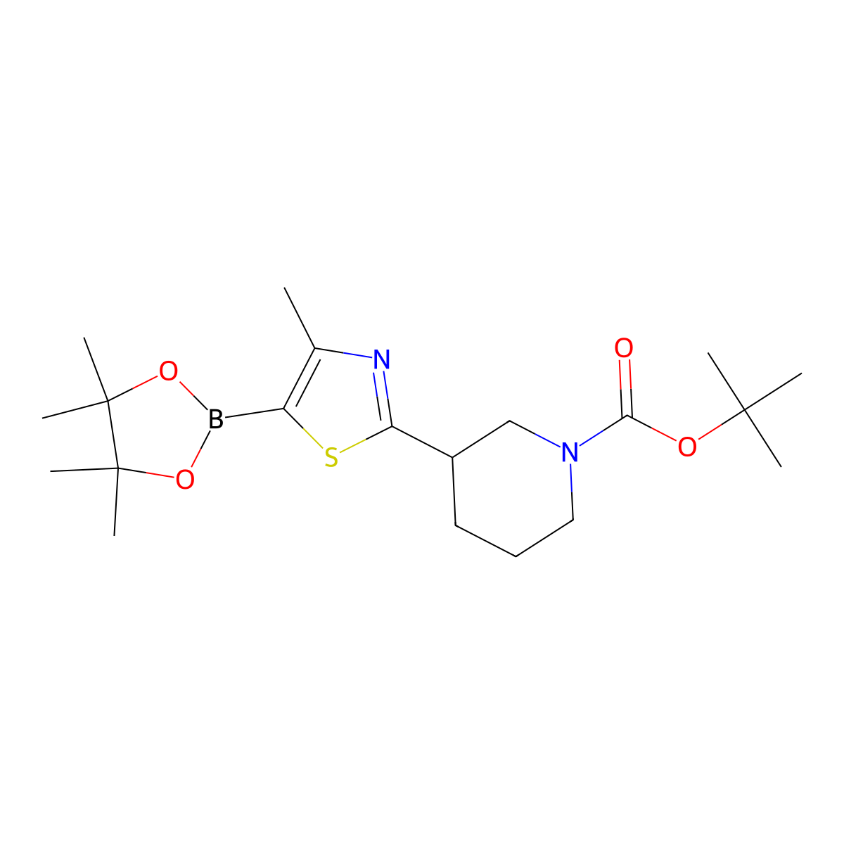 Tert-butyl 3-(4-methyl-5-(4,4,5,5-tetramethyl-1,3,2-dioxaborolan-2-yl)thiazol-2-yl)piperidine-1-carboxylate molecular structure, CAS 2256758-37-7