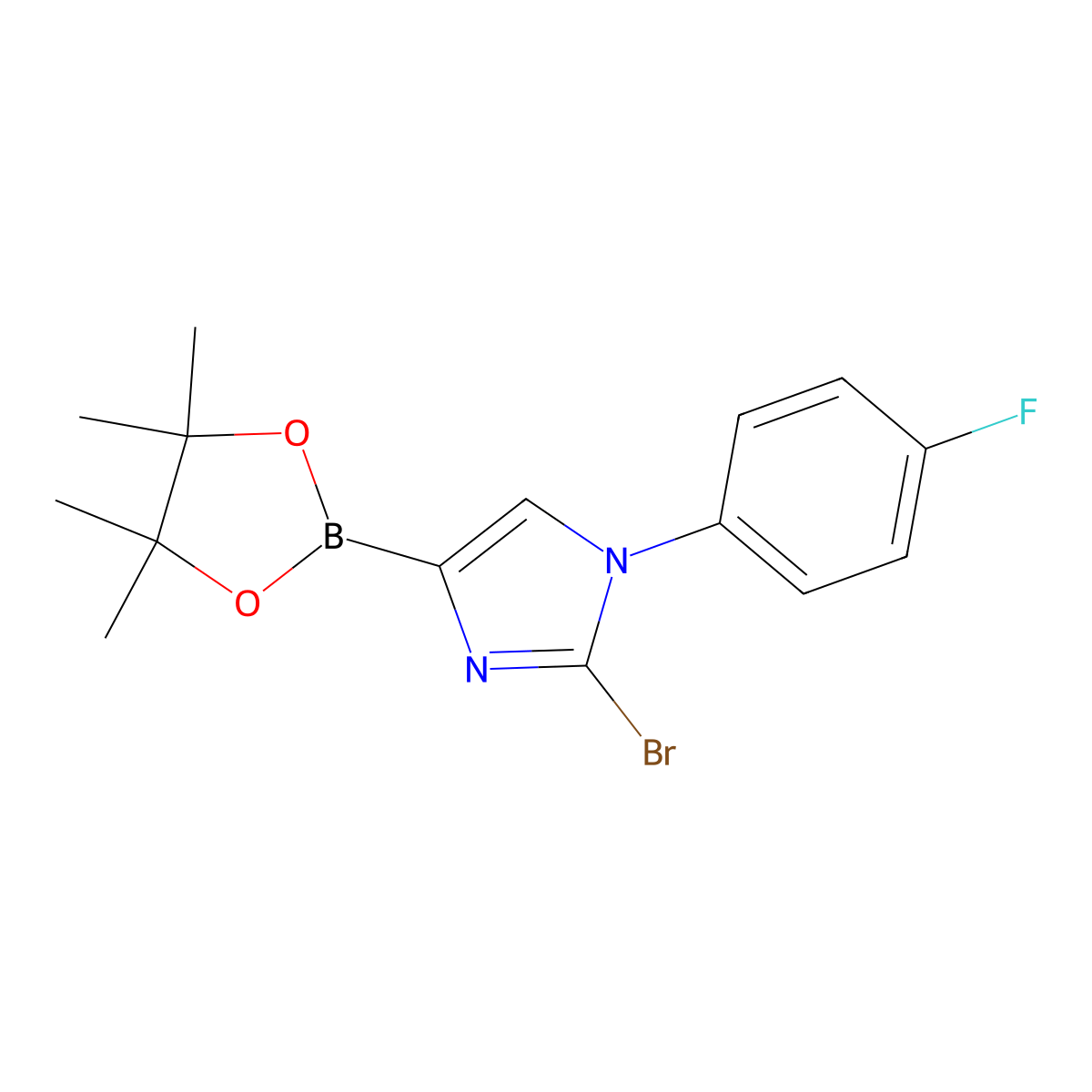 2-bromo-1-(4-fluorophenyl)-4-(4,4,5,5-tetramethyl-1,3,2-dioxaborolan-2-yl)-1H-imidazole molecular structure, CAS 2256758-54-8