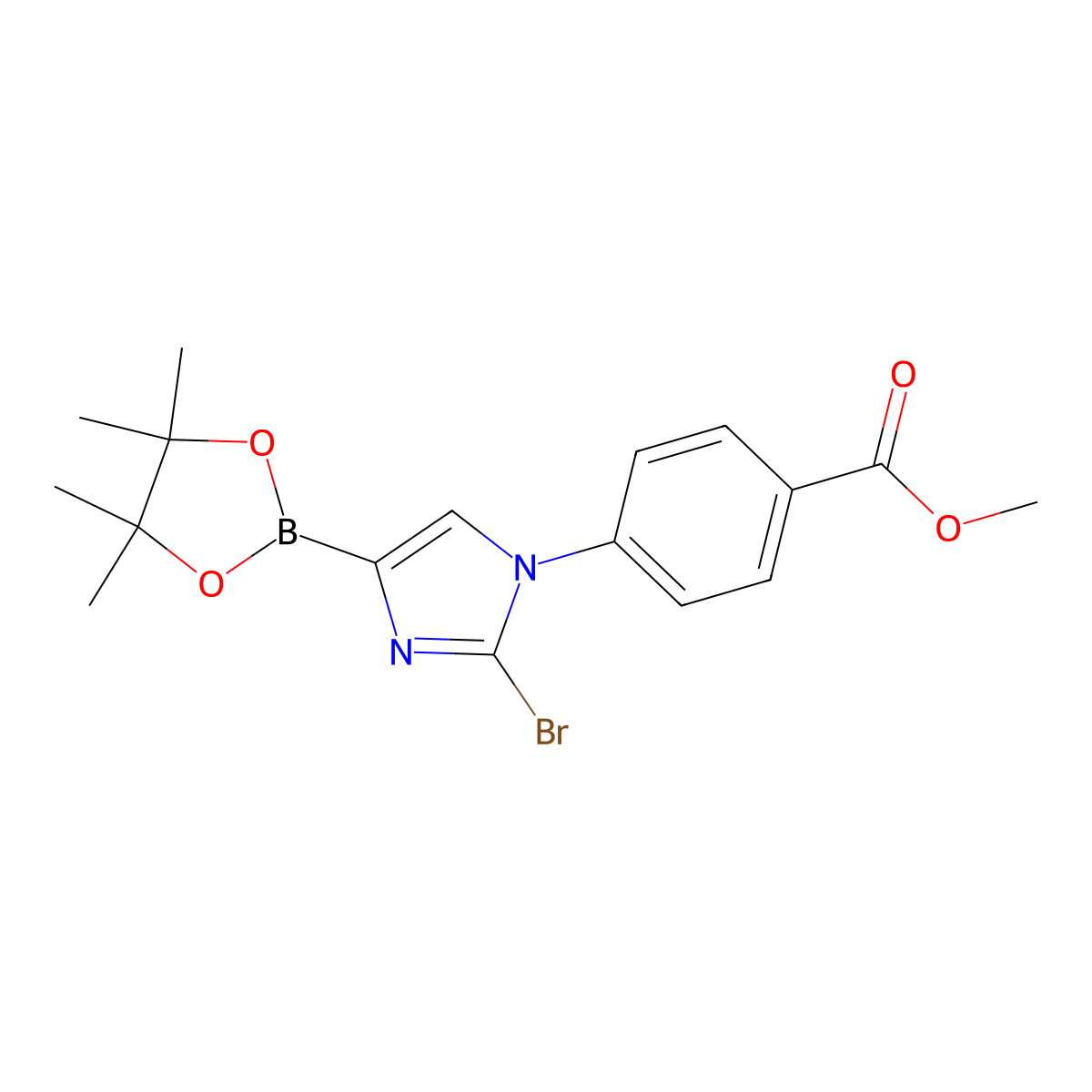 methyl 4-(2-bromo-4-(4,4,5,5-tetramethyl-1,3,2-dioxaborolan-2-yl)-1H-imidazol-1-yl)benzoate molecular structure, CAS 2256758-59-3