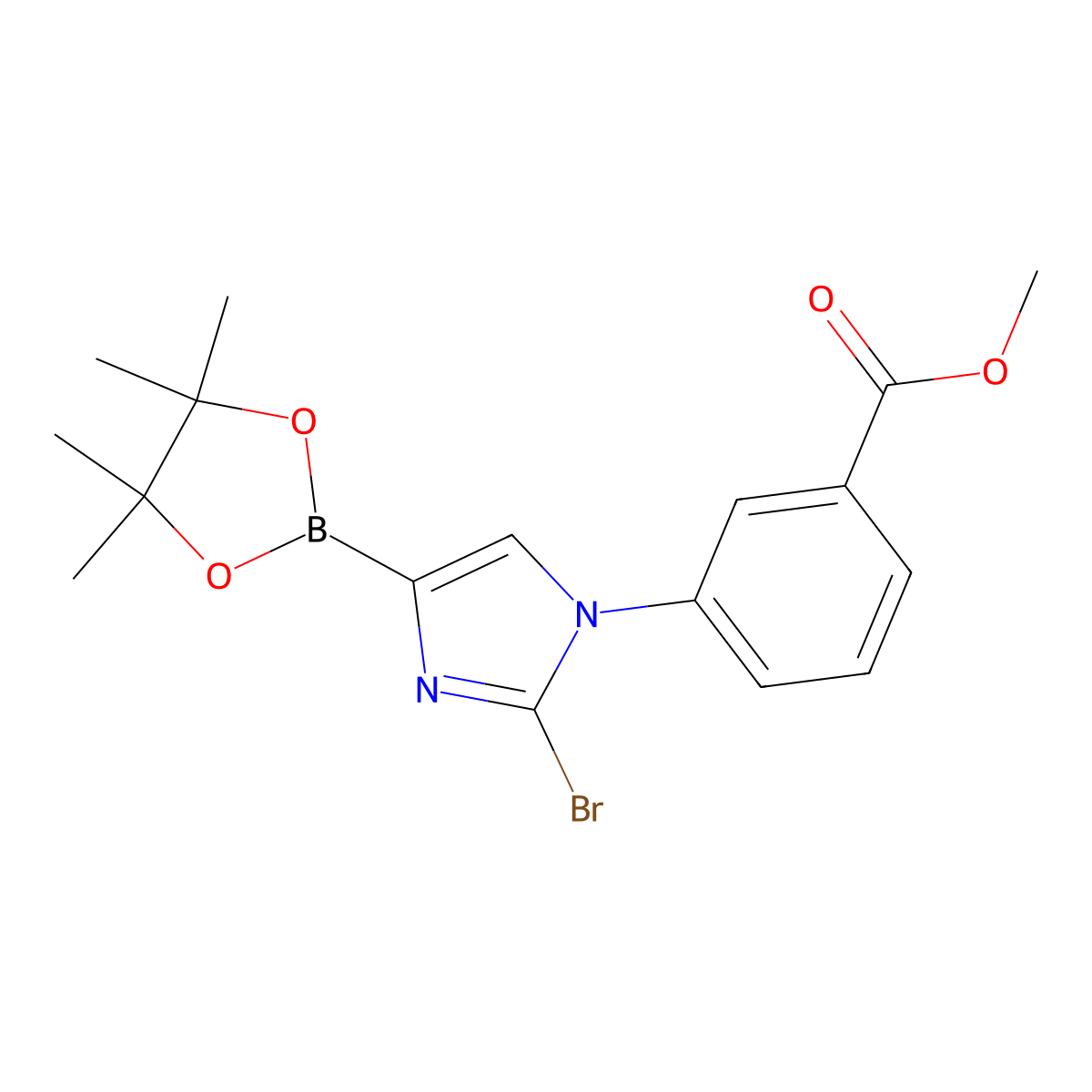 methyl 3-(2-bromo-4-(4,4,5,5-tetramethyl-1,3,2-dioxaborolan-2-yl)-1H-imidazol-1-yl)benzoate molecular structure, CAS 2256758-62-8