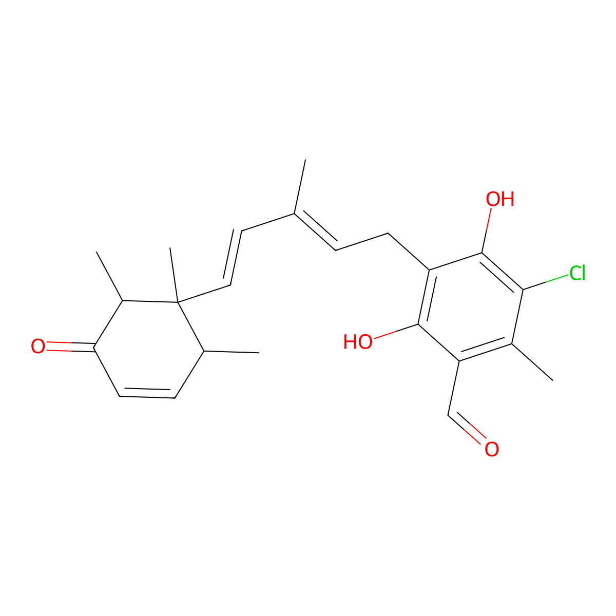 5-chloro-2,4-dihydroxy-6-methyl-3-[(2E,4E)-3-methyl-5-(1,2,6-trimethyl-5-oxocyclohex-3-en-1-yl)penta-2,4-dienyl]benzaldehyde molecular structure, CAS 22581-11-9