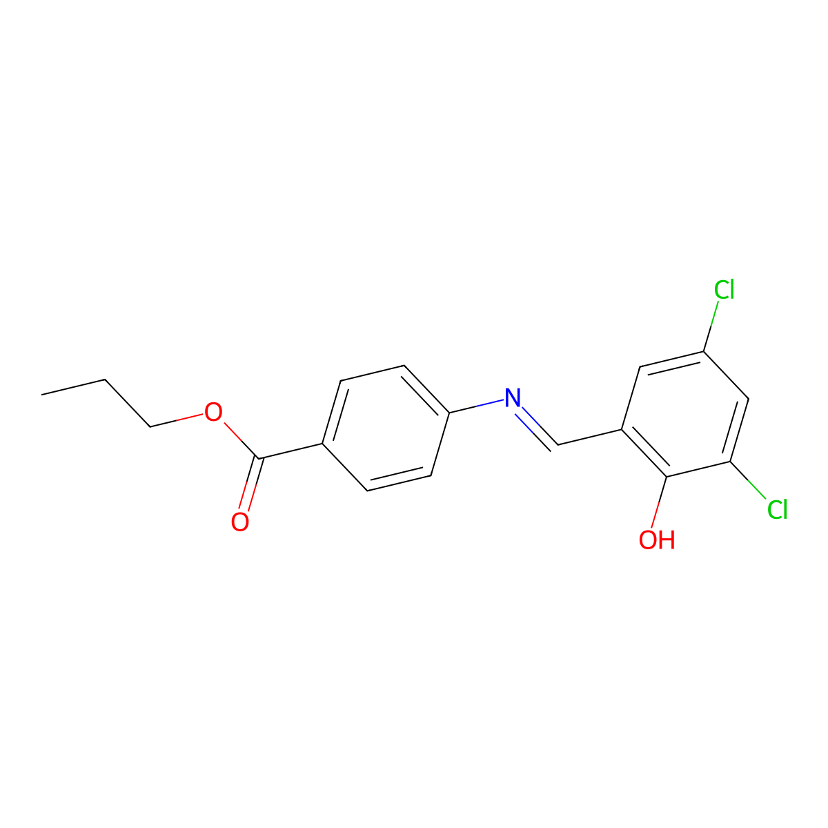 Propyl 4-[(3,5-dichloro-2-hydroxybenzylidene)amino]benzoate molecular structure, CAS 22581-97-1
