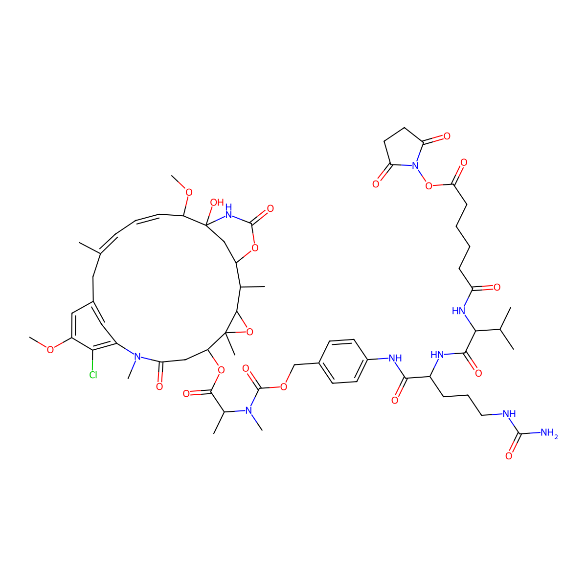 (2,5-dioxopyrrolidin-1-yl) 6-[[(2S)-1-[[(2S)-5-(carbamoylamino)-1-[4-[[[(2S)-1-[[(1S,2R,3S,5S,6S,20R,21S)-11-chloro-21-hydroxy-12,20-dimethoxy-2,5,9,16-tetramethyl-8,23-dioxo-4,24-dioxa-9,22-diazatetracyclo[19.3.1.110,14.03,5]hexacosa-10,12,14(26),16,18-pentaen-6-yl]oxy]-1-oxopropan-2-yl]-methylcarbamoyl]oxymethyl]anilino]-1-oxopentan-2-yl]amino]-3-methyl-1-oxobutan-2-yl]amino]-6-oxohexanoate molecular structure, CAS 2259318-47-1