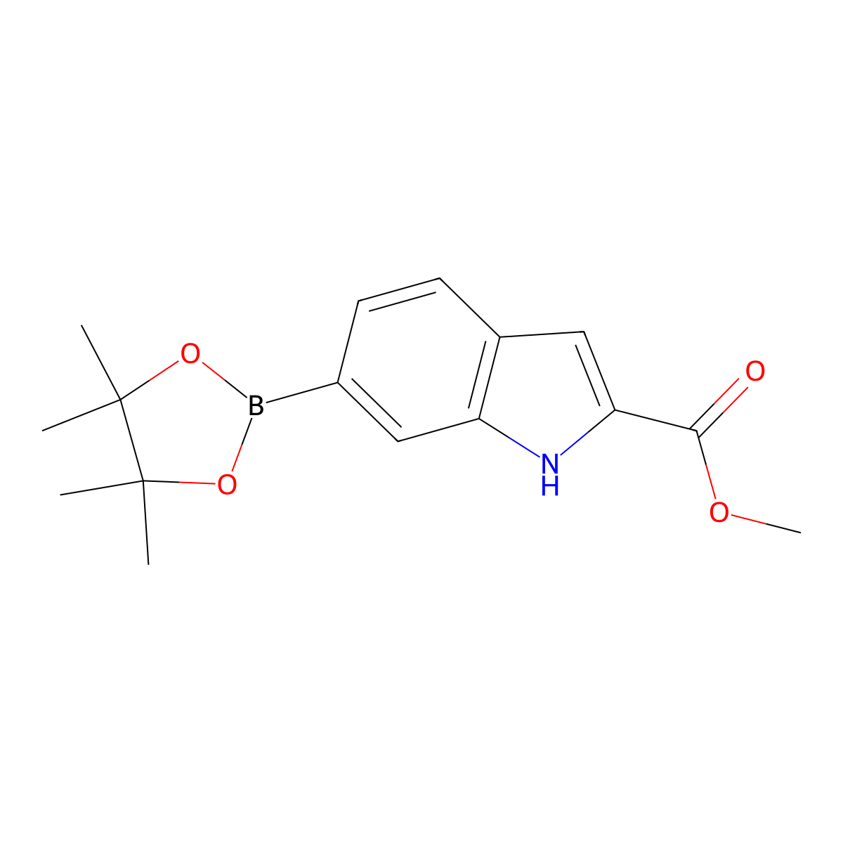 methyl 6-(tetramethyl-1,3,2-dioxaborolan-2-yl)-1H-indole-2-carboxylate molecular structure, CAS 2259361-38-9