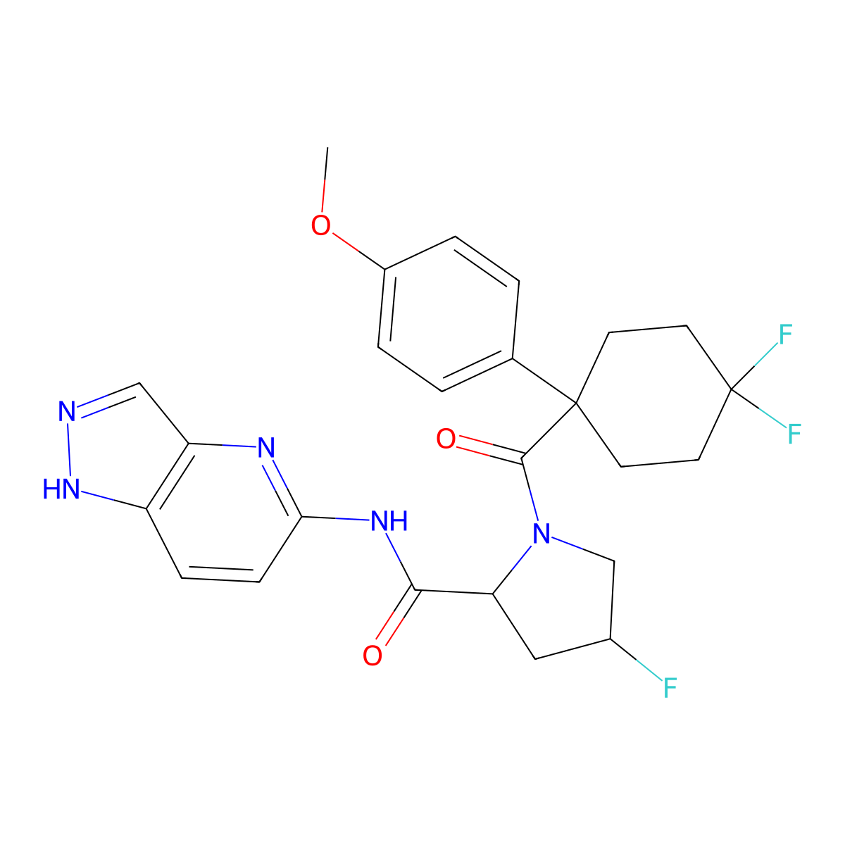 (2R,4R)-1-[4,4-difluoro-1-(4-methoxyphenyl)cyclohexanecarbonyl]-4-fluoro-N-(1H-pyrazolo[4,5-b]pyridin-5-yl)pyrrolidine-2-carboxamide molecular structure, CAS 2259641-46-6