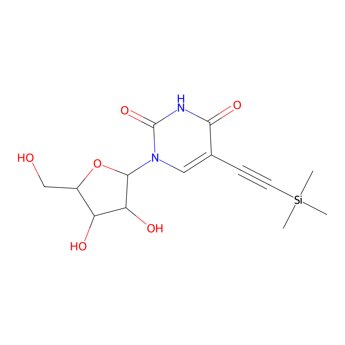 1-((2R,3R,4S,5R)-3,4-dihydroxy-5-(hydroxymethyl)tetrahydrofuran-2-yl)-5-((trimethylsilyl)ethynyl)pyrimidine-2,4(1H,3H)-dione molecular structure, CAS 2260774-98-7