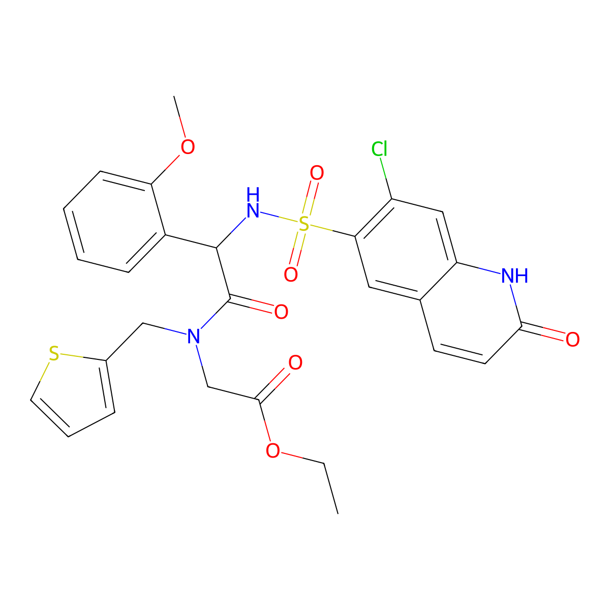 Ethyl (R)-N-(2-((7-chloro-2-oxo-1,2-dihydroquinoline)-6-sulfonamido)-2-(2-methoxyphenyl)acetyl)-N-(thiophen-2-ylmethyl)glycinate molecular structure, CAS 2260791-14-6