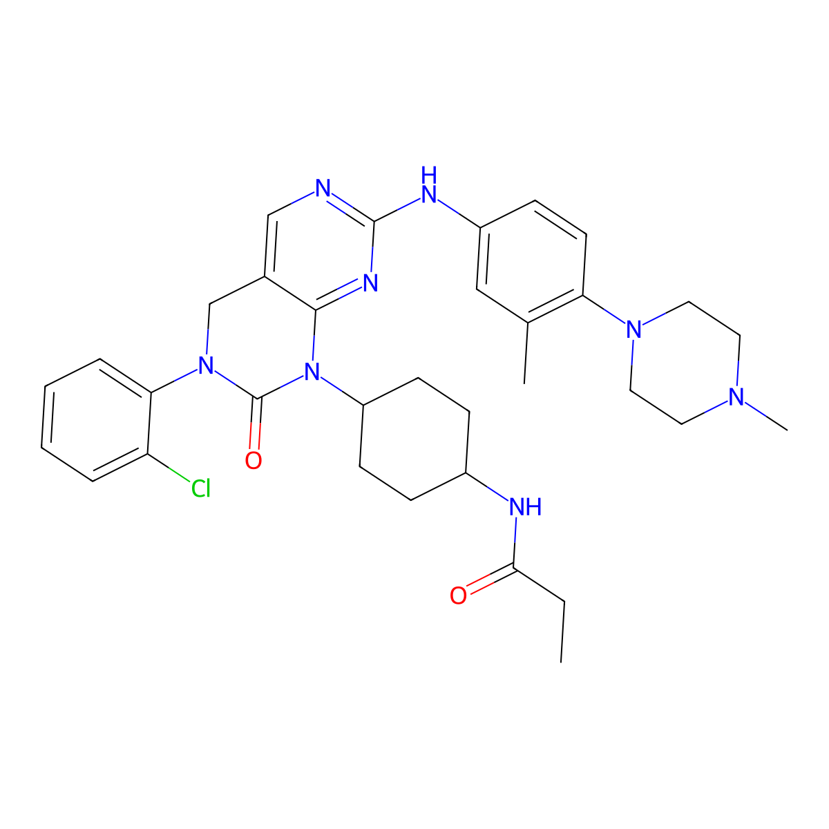 N-(trans-4-(3-(2-Chlorophenyl)-7-((3-methyl-4-(4-methylpiperazin-1-yl)phenyl)amino)-2-oxo-3,4-dihydropyrimido[4,5-d]pyrimidin-1(2H)-yl)cyclohexyl)propionamide molecular structure, CAS 2260886-64-2