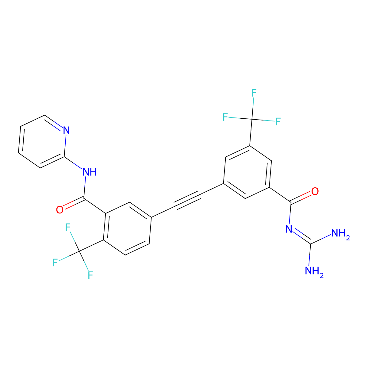 5-[2-[3-(diaminomethylidenecarbamoyl)-5-(trifluoromethyl)phenyl]ethynyl]-N-pyridin-2-yl-2-(trifluoromethyl)benzamide molecular structure, CAS 2260904-47-8