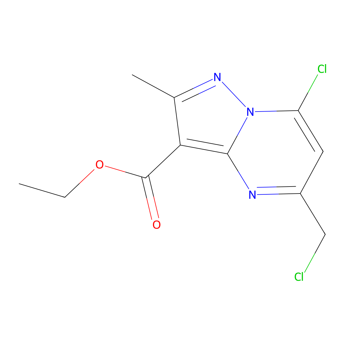 Ethyl 7-chloro-5-(chloromethyl)-2-methylpyrazolo[1,5-a]pyrimidine-3-carboxylate molecular structure, CAS 2260930-96-7