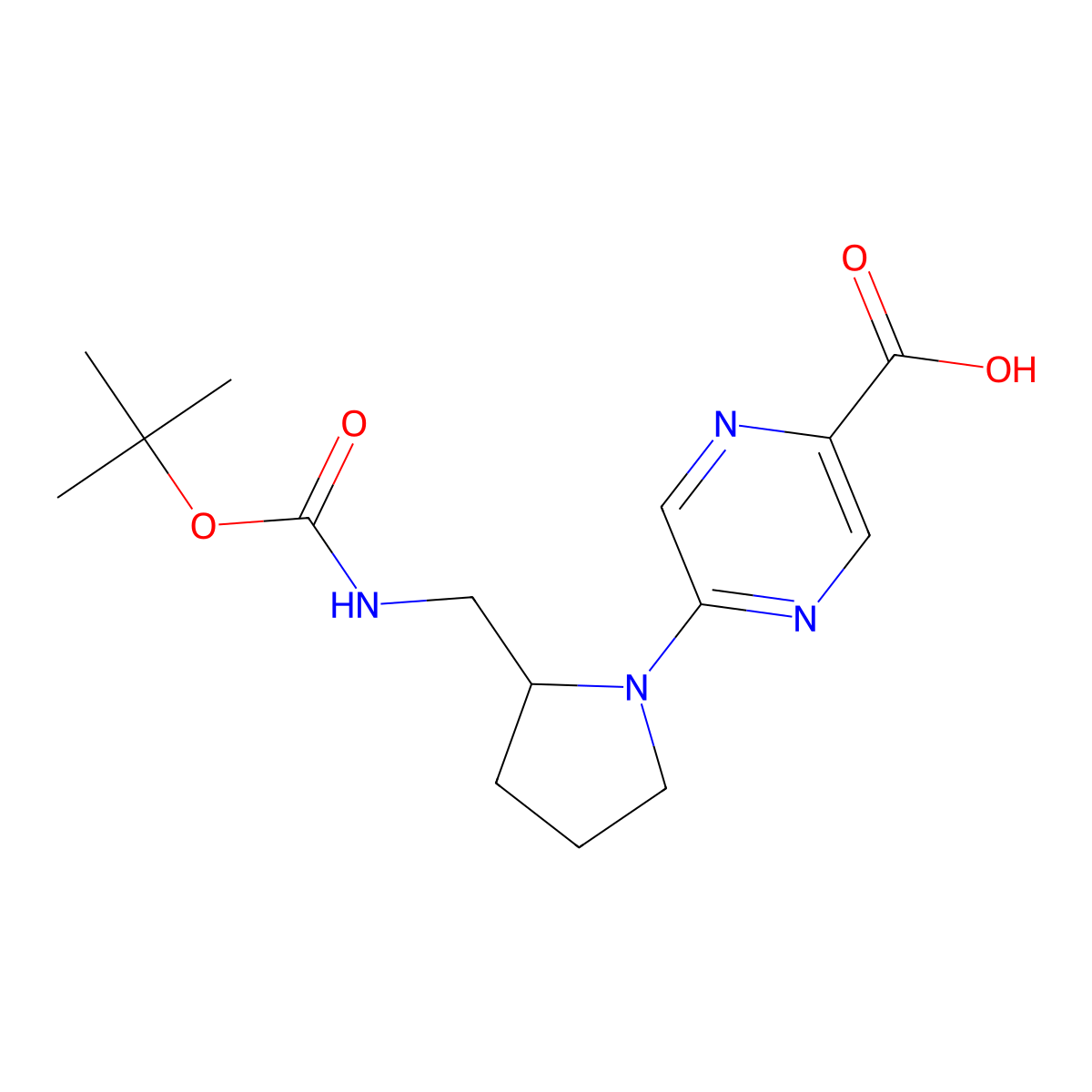 5-[2-({[(Tert-butoxy)carbonyl]amino}methyl)pyrrolidin-1-yl]pyrazine-2-carboxylic acid molecular structure, CAS 2260931-96-0