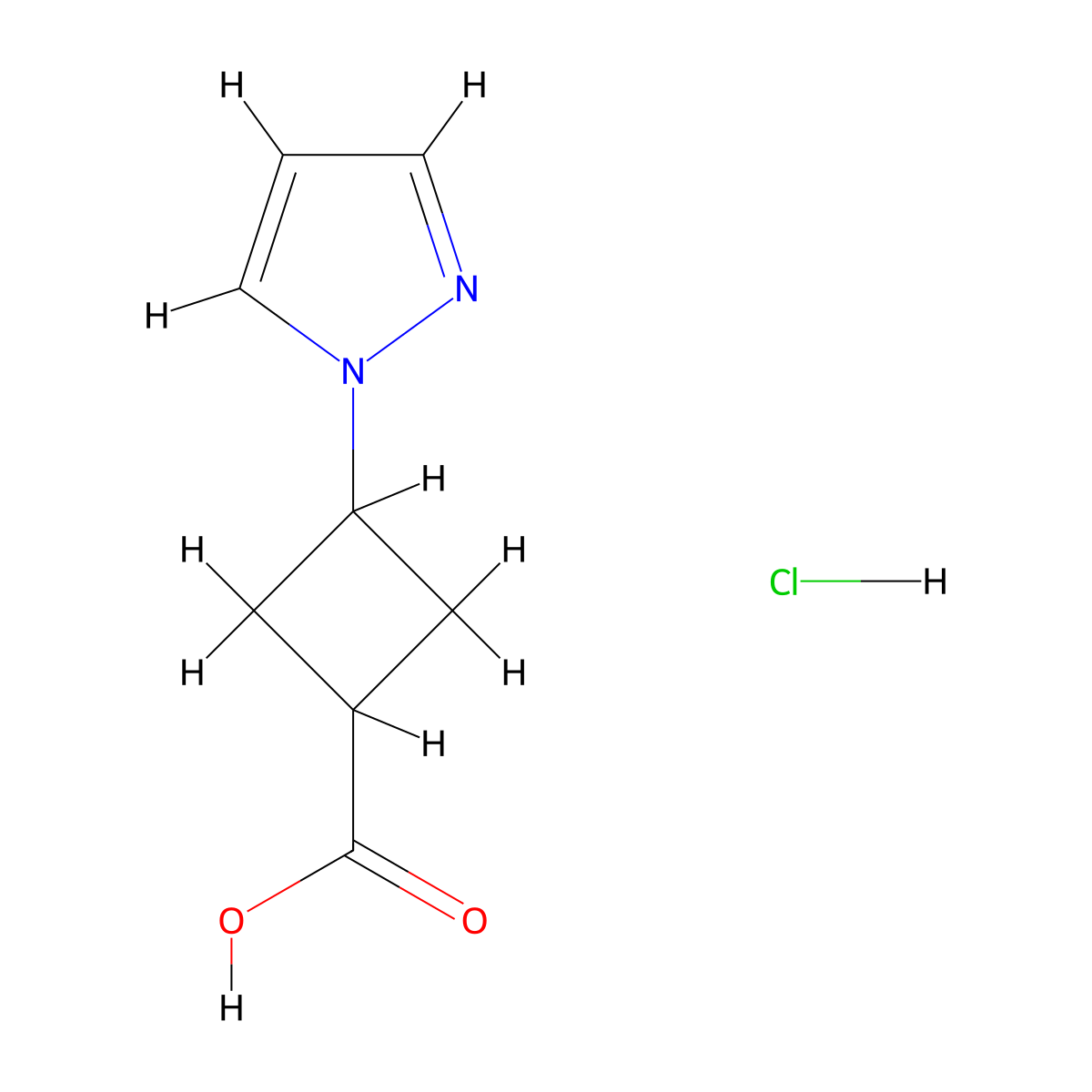 3-(1H-pyrazol-1-yl)cyclobutane-1-carboxylic acid hydrochloride molecular structure, CAS 2260932-73-6
