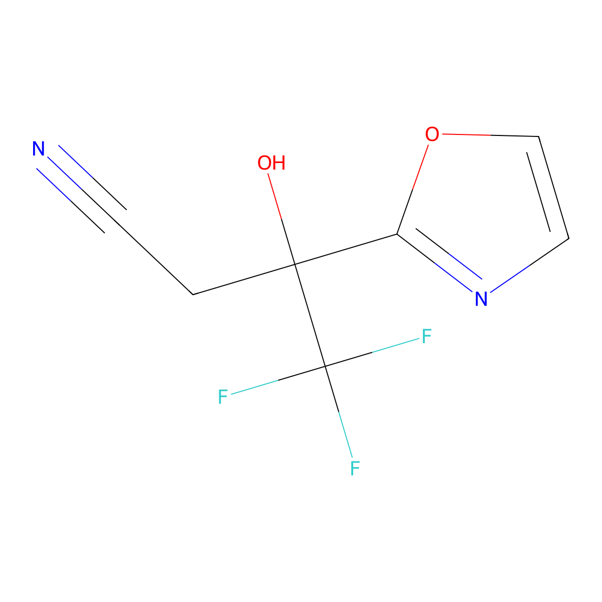 4,4,4-Trifluoro-3-hydroxy-3-(1,3-oxazol-2-yl)butanenitrile molecular structure, CAS 2260937-58-2