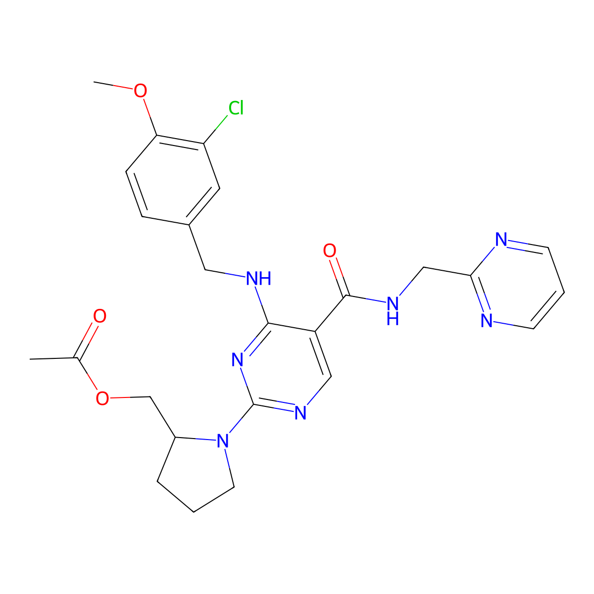 (S)-(1-(4-((3-Chloro-4-methoxybenzyl)amino)-5-((pyrimidin-2-ylmethyl)carbamoyl)pyrimidin-2-yl)pyrrolidin-2-yl)methyl acetate molecular structure, CAS 2265230-80-4