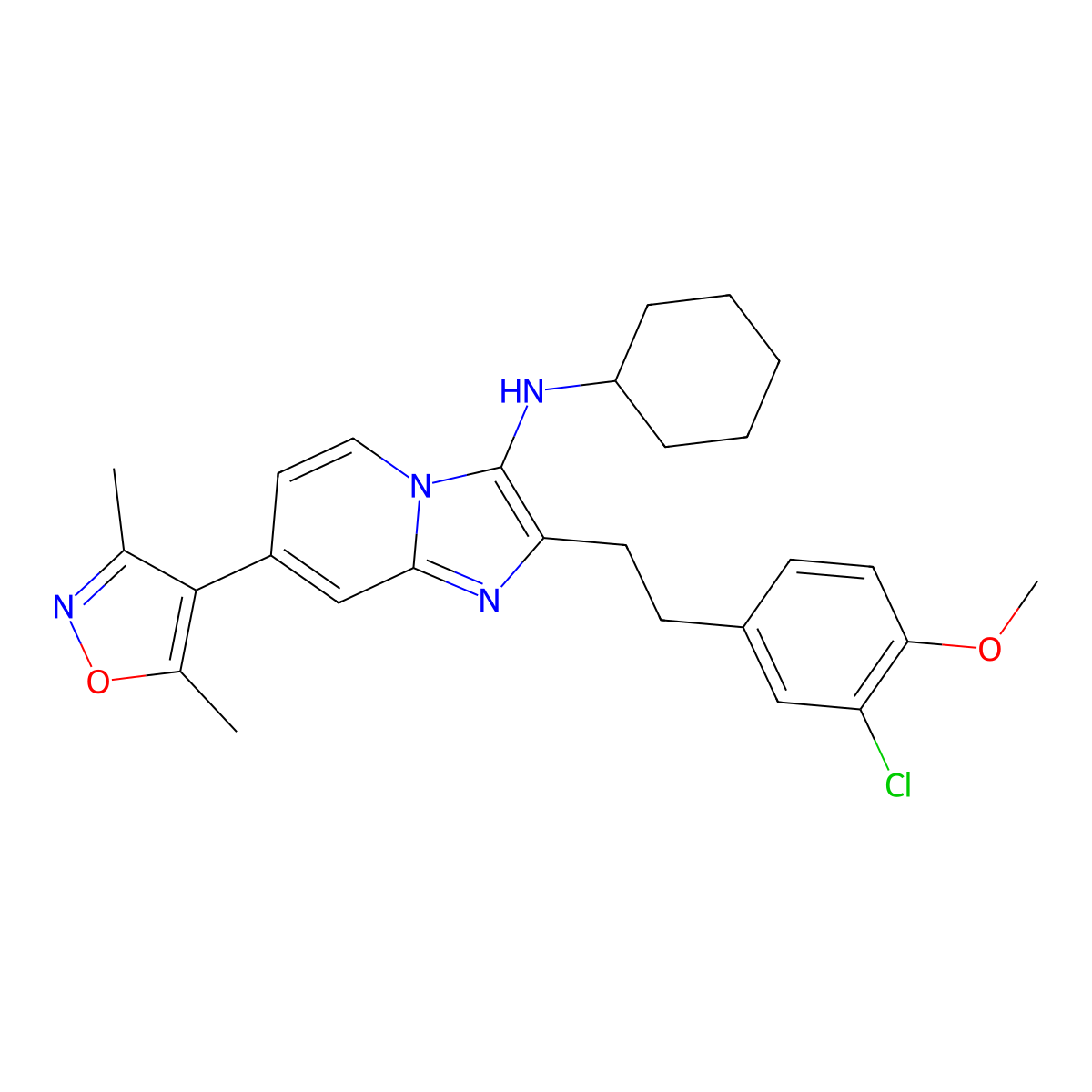 2-(3-Chloro-4-methoxyphenethyl)-N-cyclohexyl-7-(3,5-dimethylisoxazol-4-yl)imidazo[1,2-a]pyridin-3-amine molecular structure, CAS 2266569-73-5