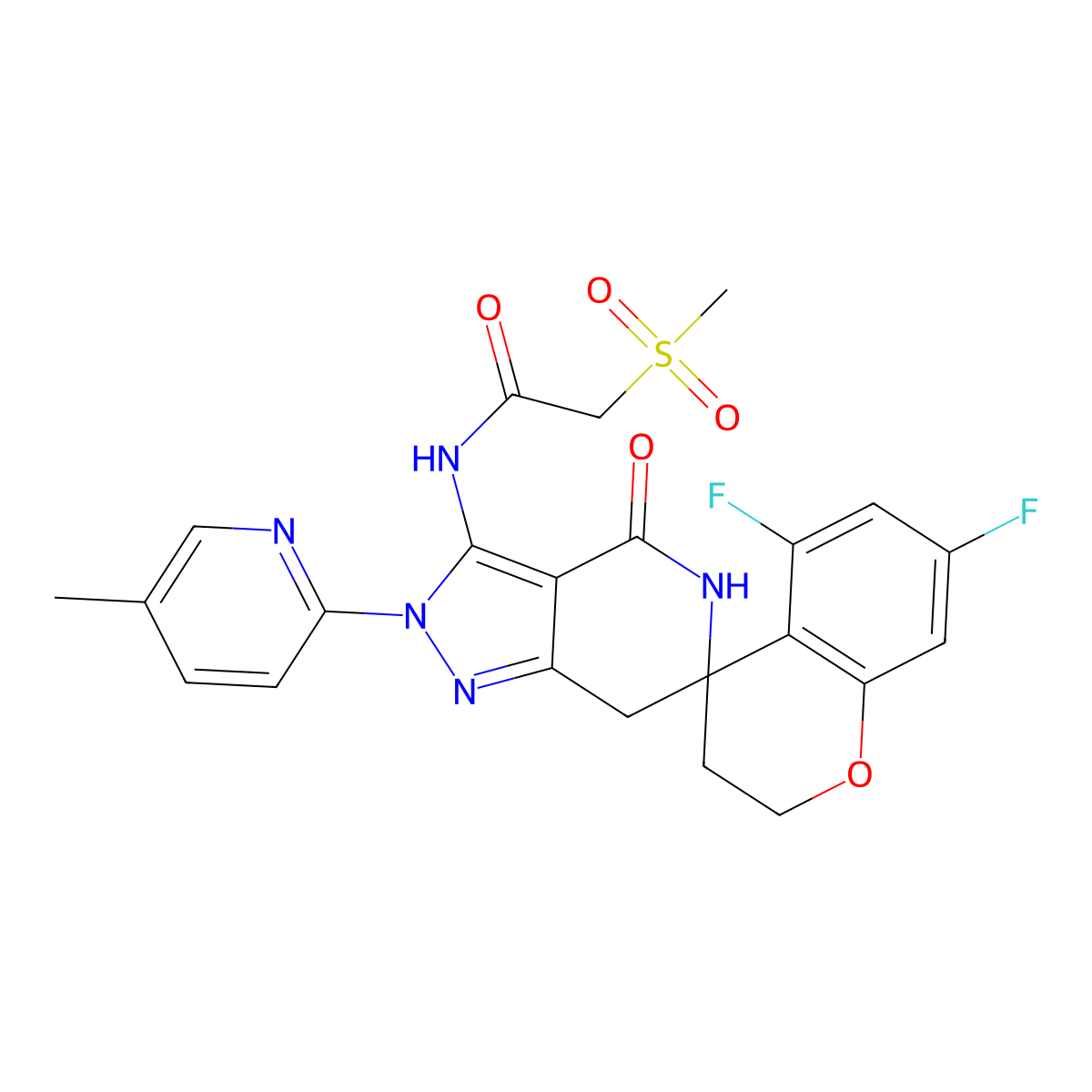 N-[(4R)-5,7-difluoro-2'-(5-methyl-2-pyridinyl)-4'-oxospiro[2,3-dihydrochromene-4,6'-5,7-dihydropyrazolo[4,3-c]pyridine]-3'-yl]-2-methylsulfonylacetamide molecular structure, CAS 2267352-04-3