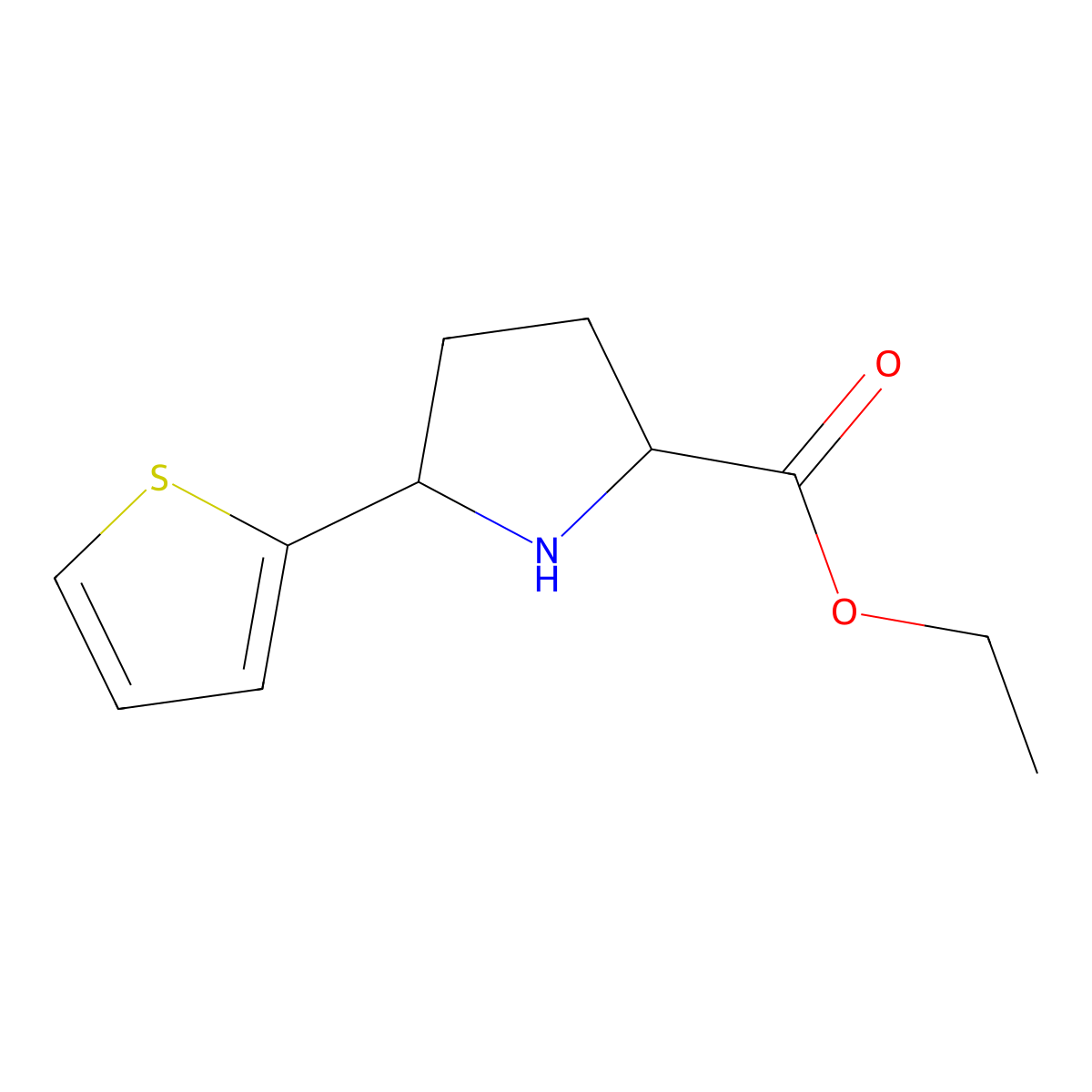rac-ethyl (2R,5R)-5-(thiophen-2-yl)pyrrolidine-2-carboxylate molecular structure, CAS 226973-90-6
