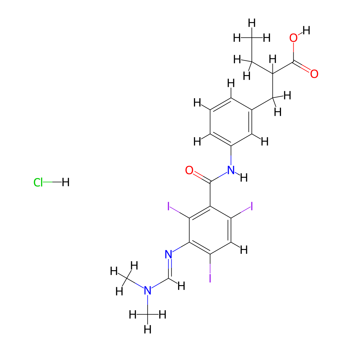 Hydrocinnamic acid, m-(3-(((dimethylamino)methylene)amino)-2,4,6-triiodobenzamido)-alpha-ethyl-, monohydrochloride molecular structure, CAS 22708-50-5