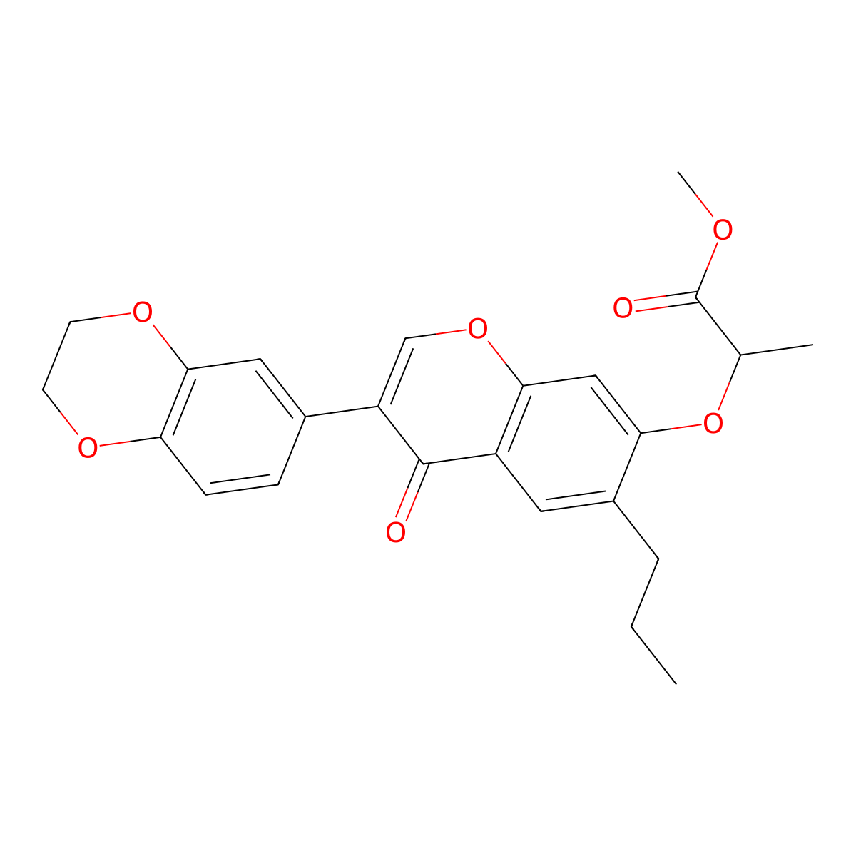methyl 2-((3-(2,3-dihydrobenzo[b][1,4]dioxin-6-yl)-4-oxo-6-propyl-4H-chromen-7-yl)oxy)propanoate molecular structure, CAS 227094-82-8