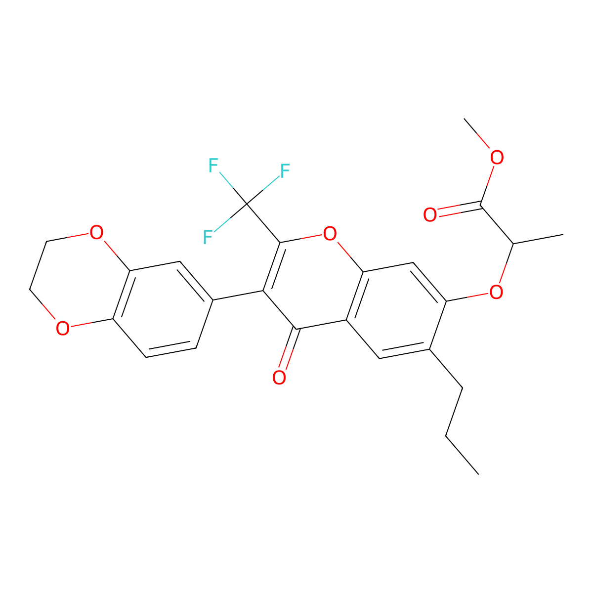 methyl 2-((3-(2,3-dihydrobenzo[b][1,4]dioxin-6-yl)-4-oxo-6-propyl-2-(trifluoromethyl)-4H-chromen-7-yl)oxy)propanoate molecular structure, CAS 227094-84-0