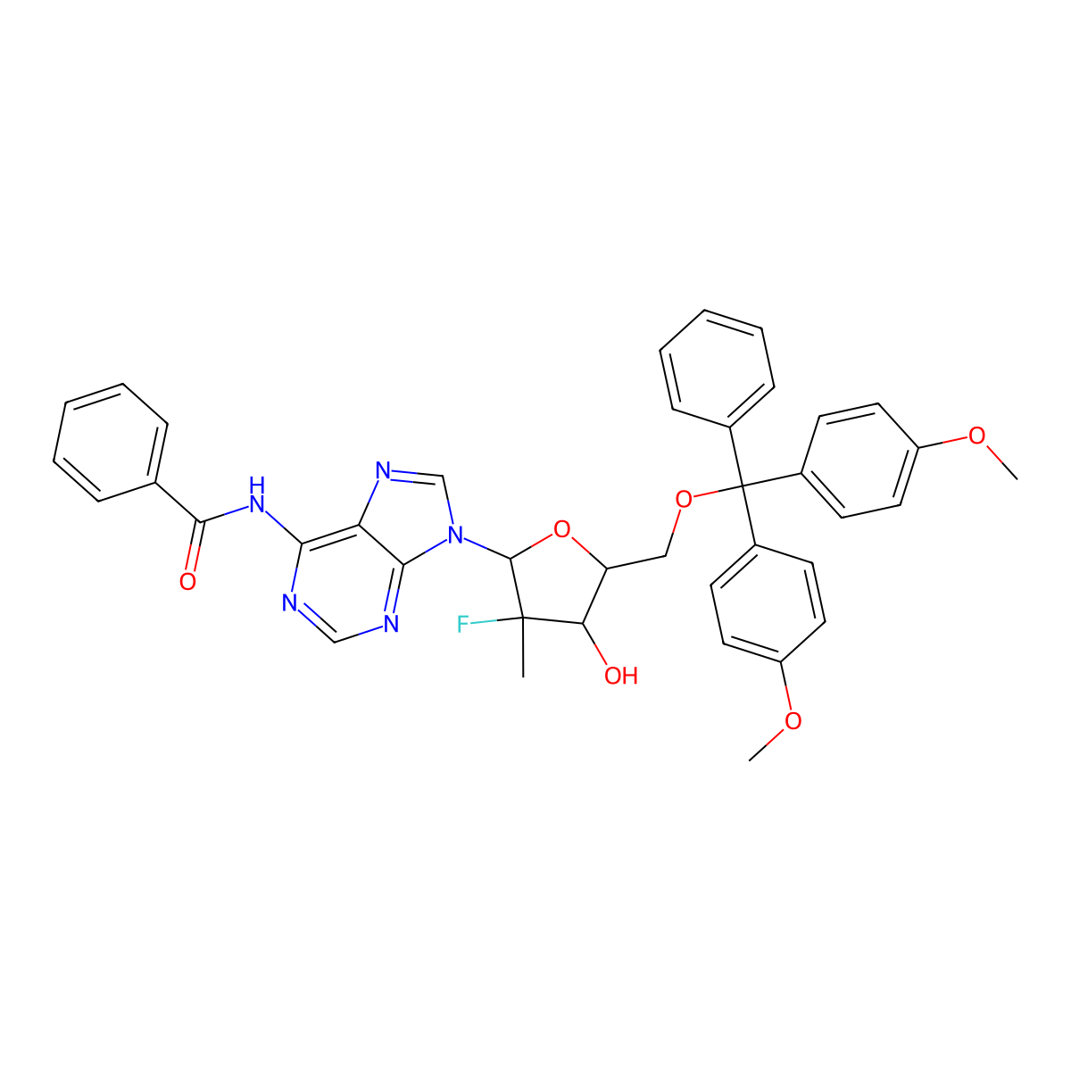 N-(9-[(2R,3R,4R,5R)-5-[(bis(4-methoxyphenyl)(phenyl)methoxy)methyl]-3-fluoro-4-hydroxy-3-methyloxolan-2-yl]-9H-purin-6-yl)benzamide molecular structure, CAS 2271305-39-4
