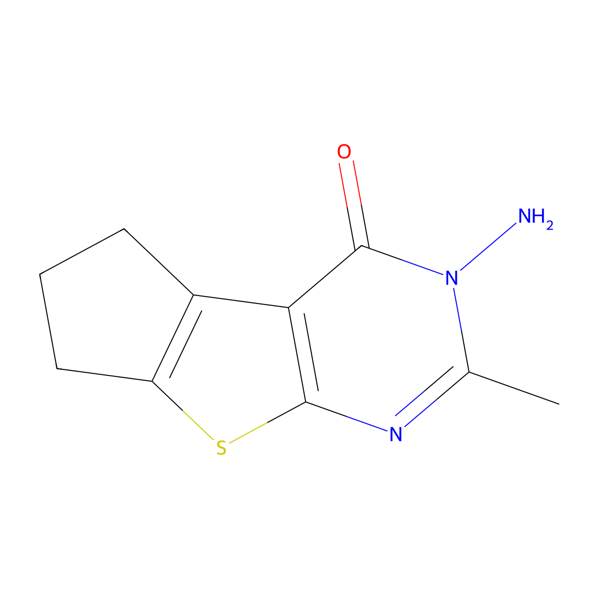 4H-Cyclopenta(4,5)thieno(2,3-d)pyrimidin-4-one, 3,5,6,7-tetrahydro-3-amino-2-methyl- molecular structure, CAS 22721-36-4