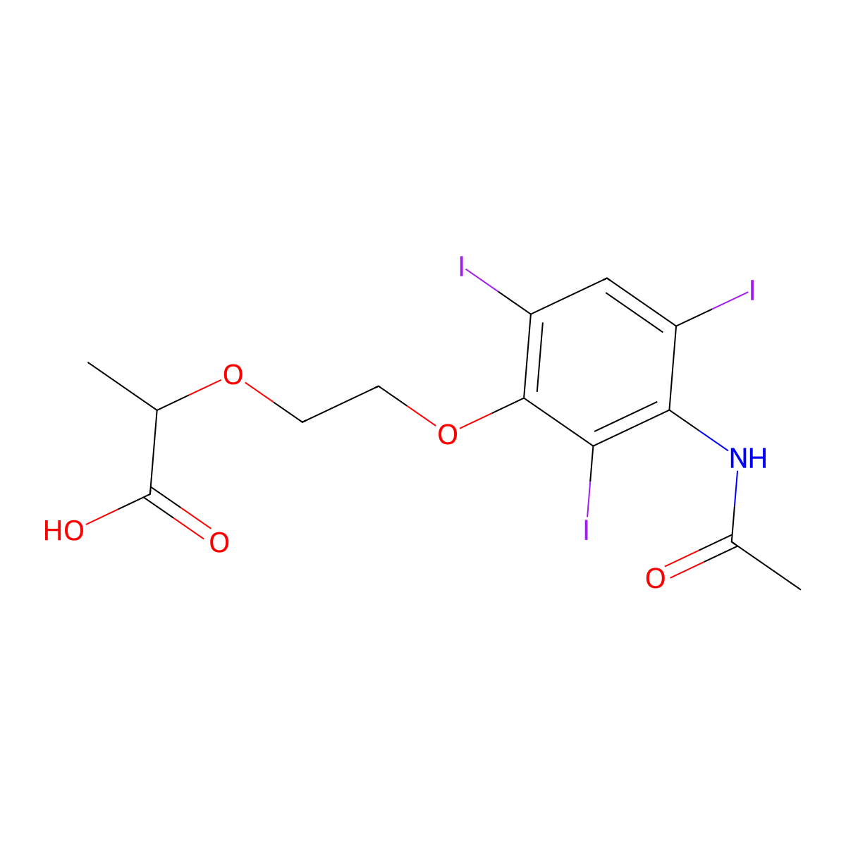 Propionic acid, 2-(2-(3-acetamido-2,4,6-triiodophenoxy)ethoxy)- molecular structure, CAS 22730-89-8