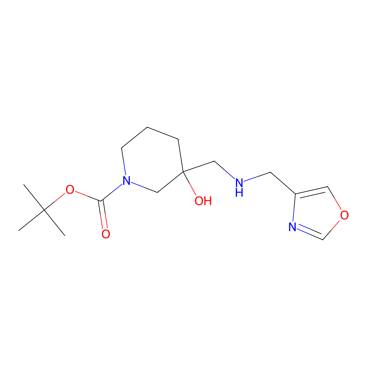 tert-Butyl 3-hydroxy-3-(((oxazol-4-ylmethyl)amino)methyl)piperidine-1-carboxylate molecular structure, CAS 2273080-75-2