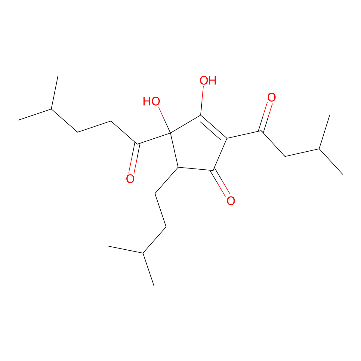 3,4-Dihydroxy-5-(3-methylbutyl)-2-(3-methyl-1-oxobutyl)-4-(4-methyl-1-oxopentyl)cyclopent-2-en-1-one molecular structure, CAS 22748-57-8