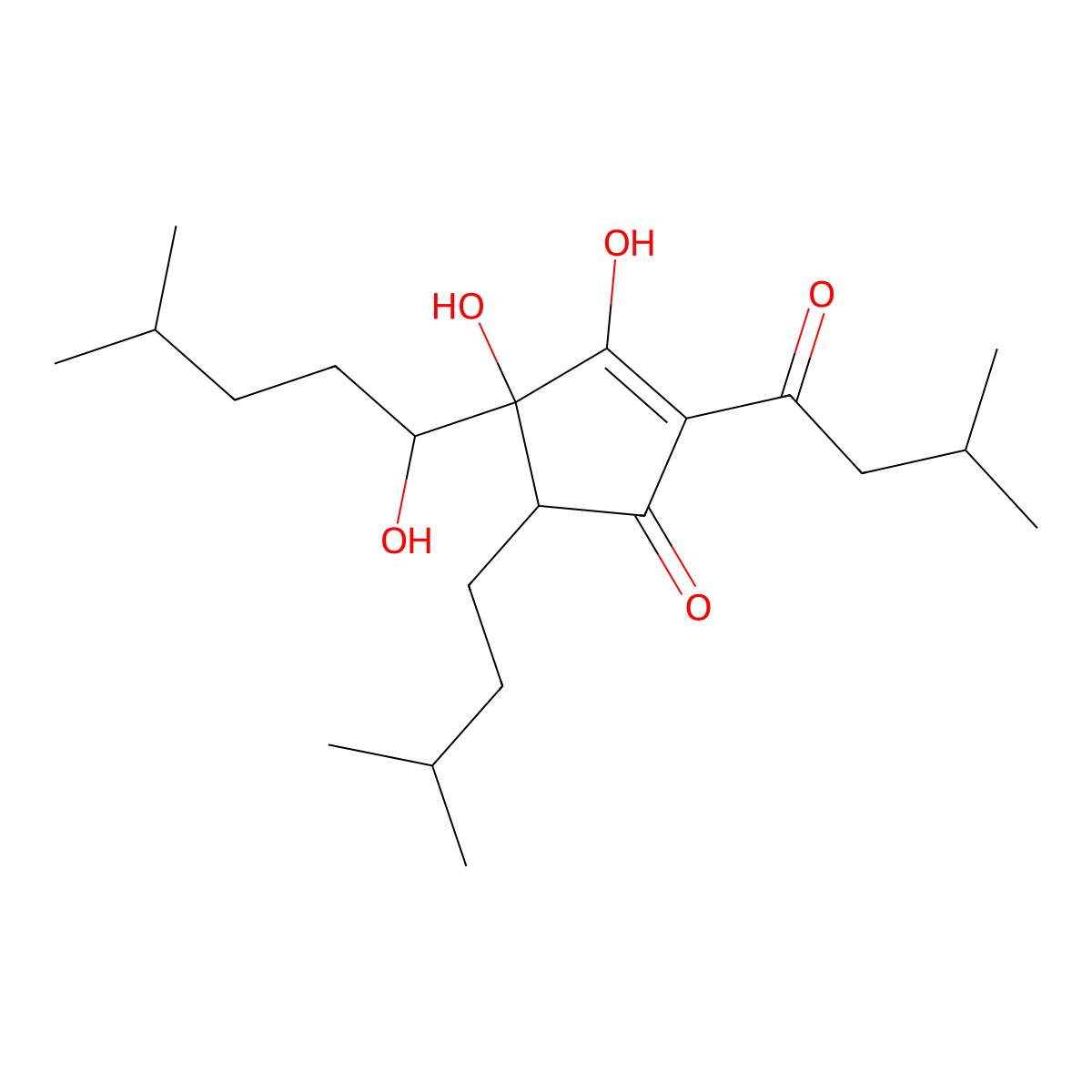 3,4-Dihydroxy-4-(1-hydroxy-4-methylpentyl)-2-(3-methylbutanoyl)-5-(3-methylbutyl)cyclopent-2-en-1-one molecular structure, CAS 22748-58-9