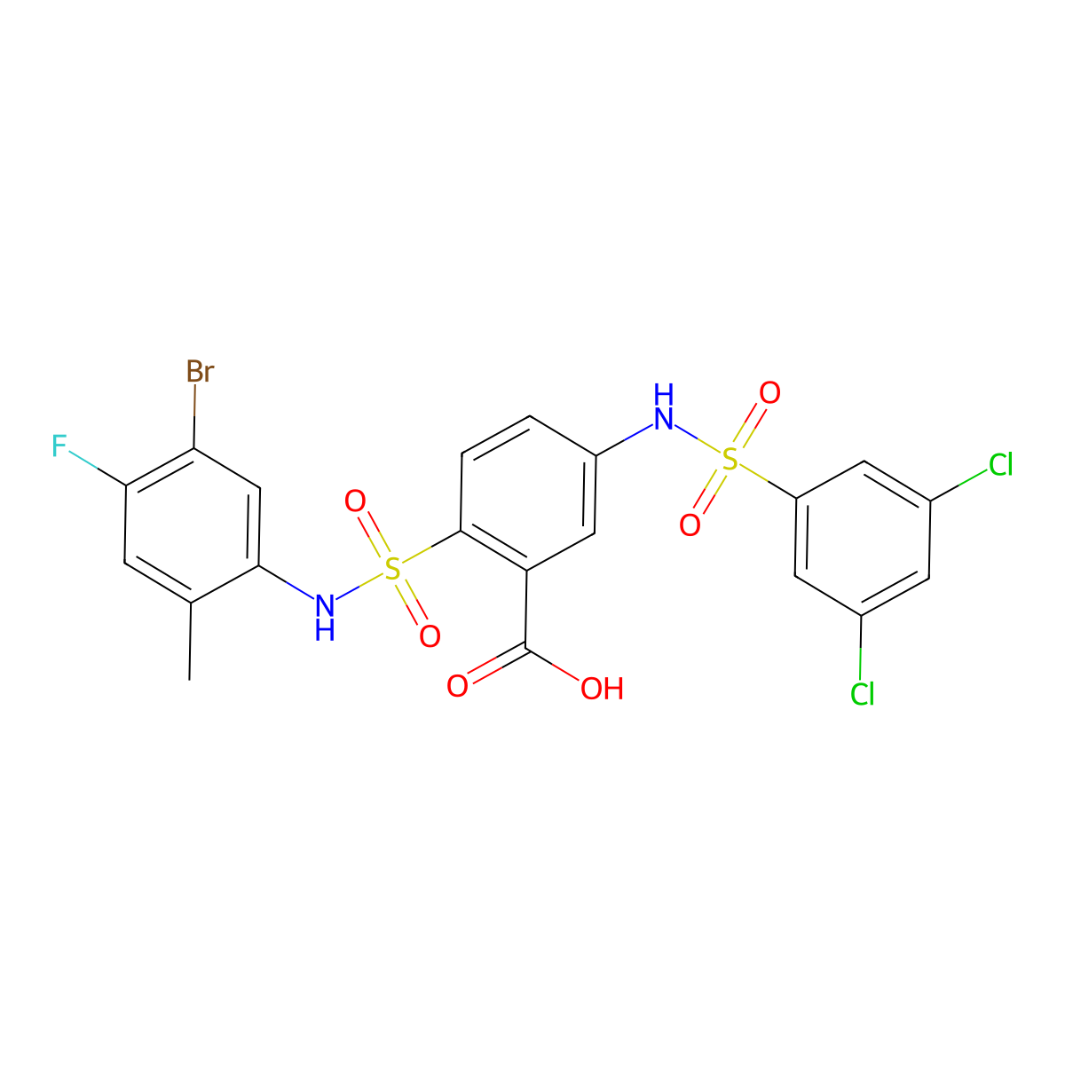 2-(((5-Bromo-4-fluoro-2-methylphenyl)amino)sulfonyl)-5-(((3,5-dichlorophenyl)sulfonyl)amino)benzoic acid molecular structure, CAS 2275619-55-9