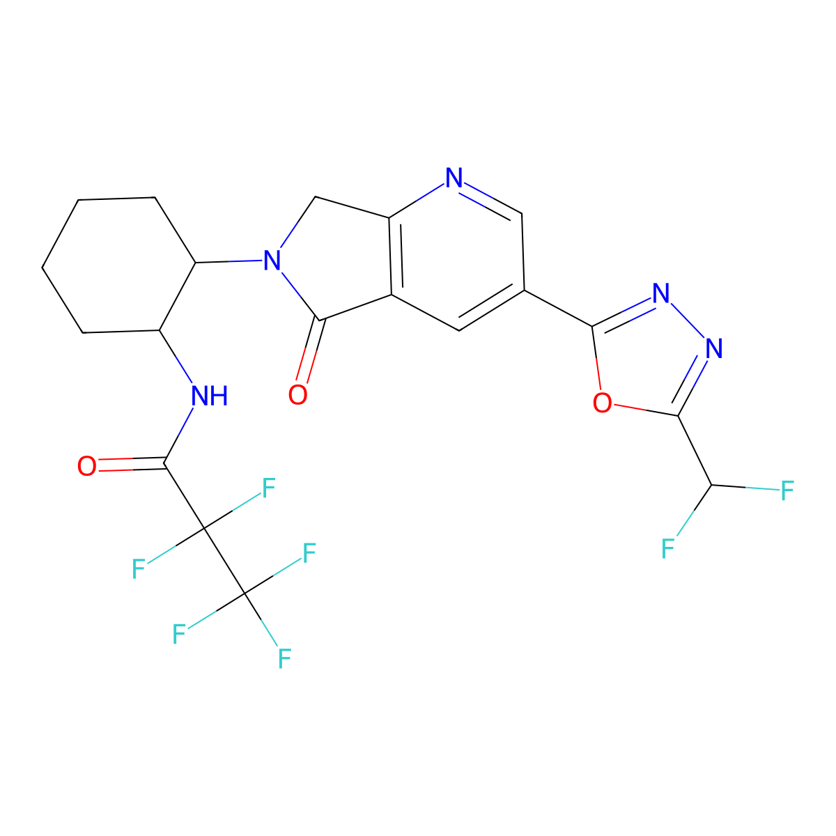 N-((1R,2R)-2-(3-(5-(Difluoromethyl)-1,3,4-oxadiazol-2-yl)-5-oxo-5,7-dihydro-6H-pyrrolo[3,4-b]pyridin-6-yl)cyclohexyl)-2,2,3,3,3-pentafluoropropanamide molecular structure, CAS 2276680-91-0