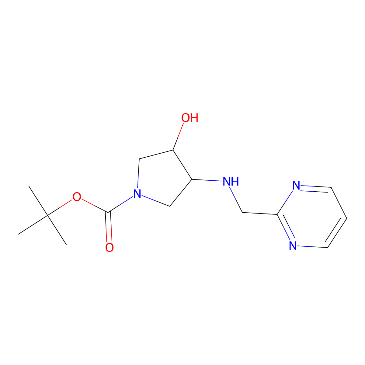 tert-butyl (3R,4R)-3-hydroxy-4-{[(pyrimidin-2-yl)methyl]amino}pyrrolidine-1-carboxylate molecular structure, CAS 2277187-72-9