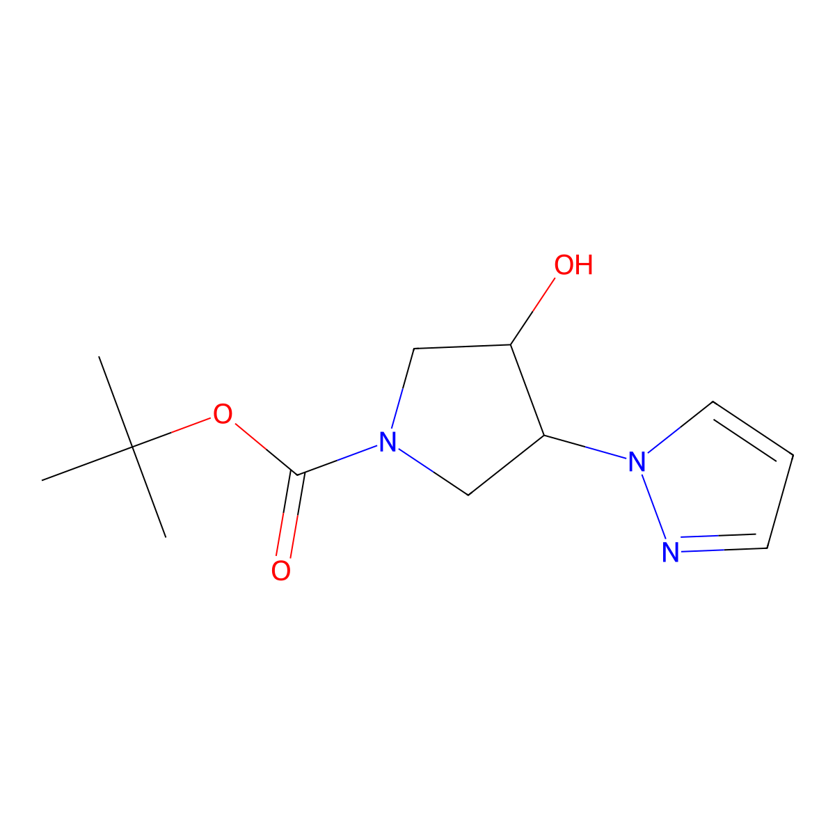 rac-tert-butyl(3R,4R)-3-hydroxy-4-(1H-pyrazol-1-yl)pyrrolidine-1-carboxylate,trans molecular structure, CAS 2277478-17-6