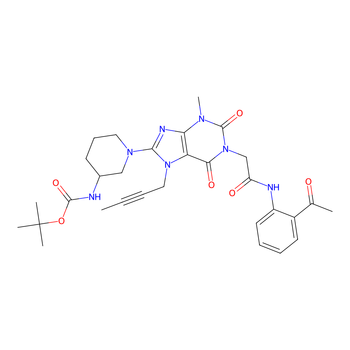 (R)-tert-Butyl (1-(1-(2-((2-acetylphenyl)amino)-2-oxoethyl)-7-(but-2-yn-1-yl)-3-methyl-2,6-dioxo-2,3,6,7-tetrahydro-1H-purin-8-yl)piperidin-3-yl)carbamate (Linagliptin Impurity) molecular structure, CAS 2279114-27-9