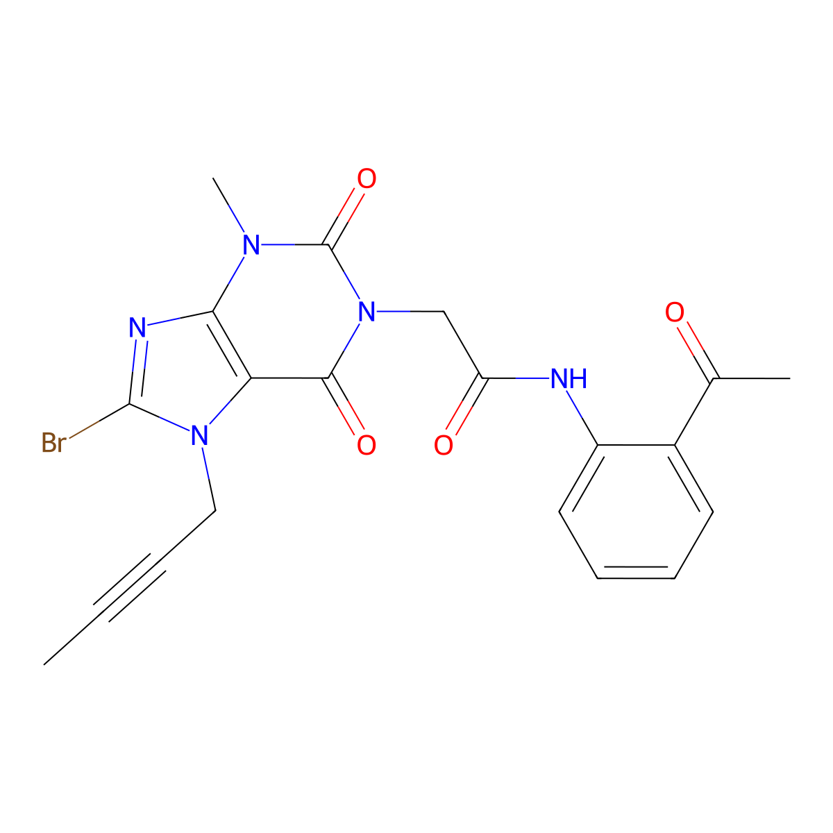 N-(2-Acetylphenyl)-2-(8-bromo-7-(but-2-yn-1-yl)-3-methyl-2,6-dioxo-2,3,6,7-tetrahydro-1H-purin-1-yl)acetamide (Linagliptin Impurity) molecular structure, CAS 2279114-31-5